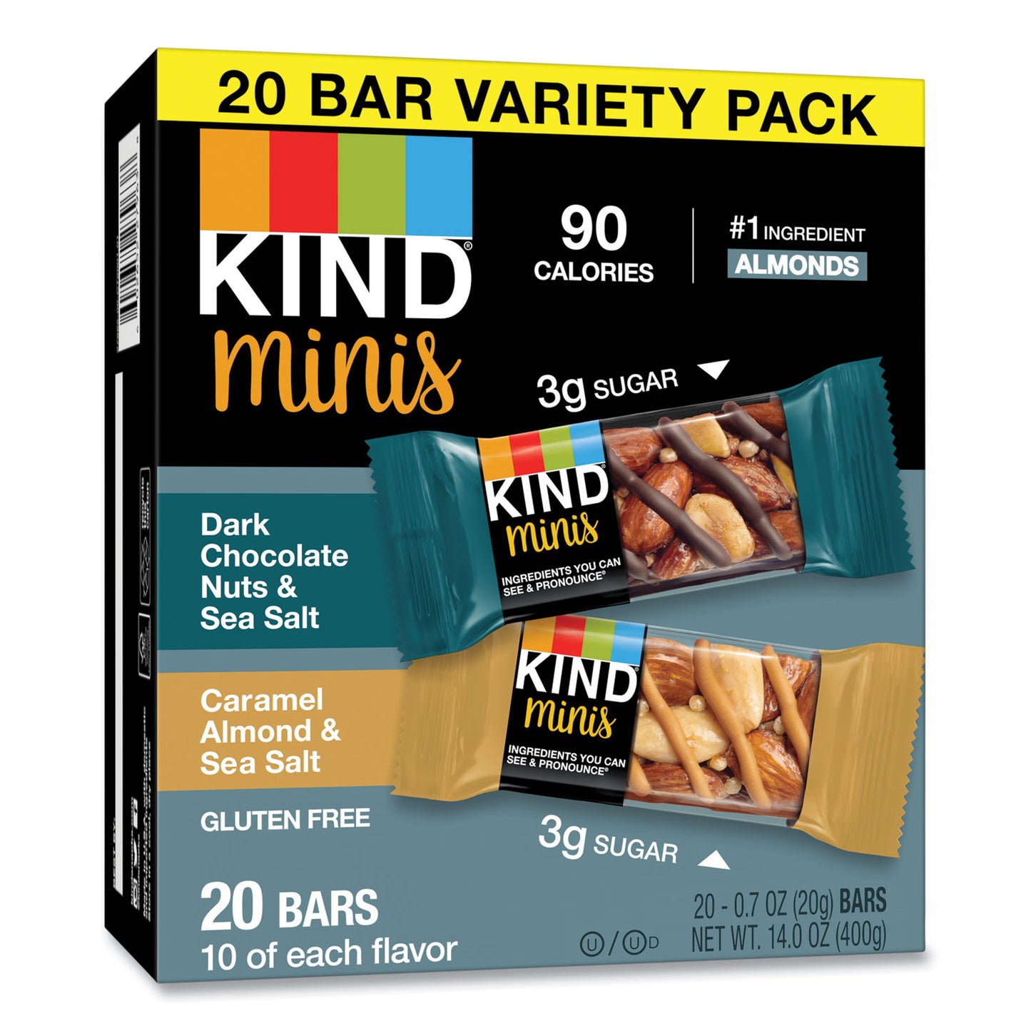 KIND Minis, Dark Chocolate Nuts and Sea Salt/Caramel Almond and Sea Salt, 0.7 oz, 20/Pack (27964)