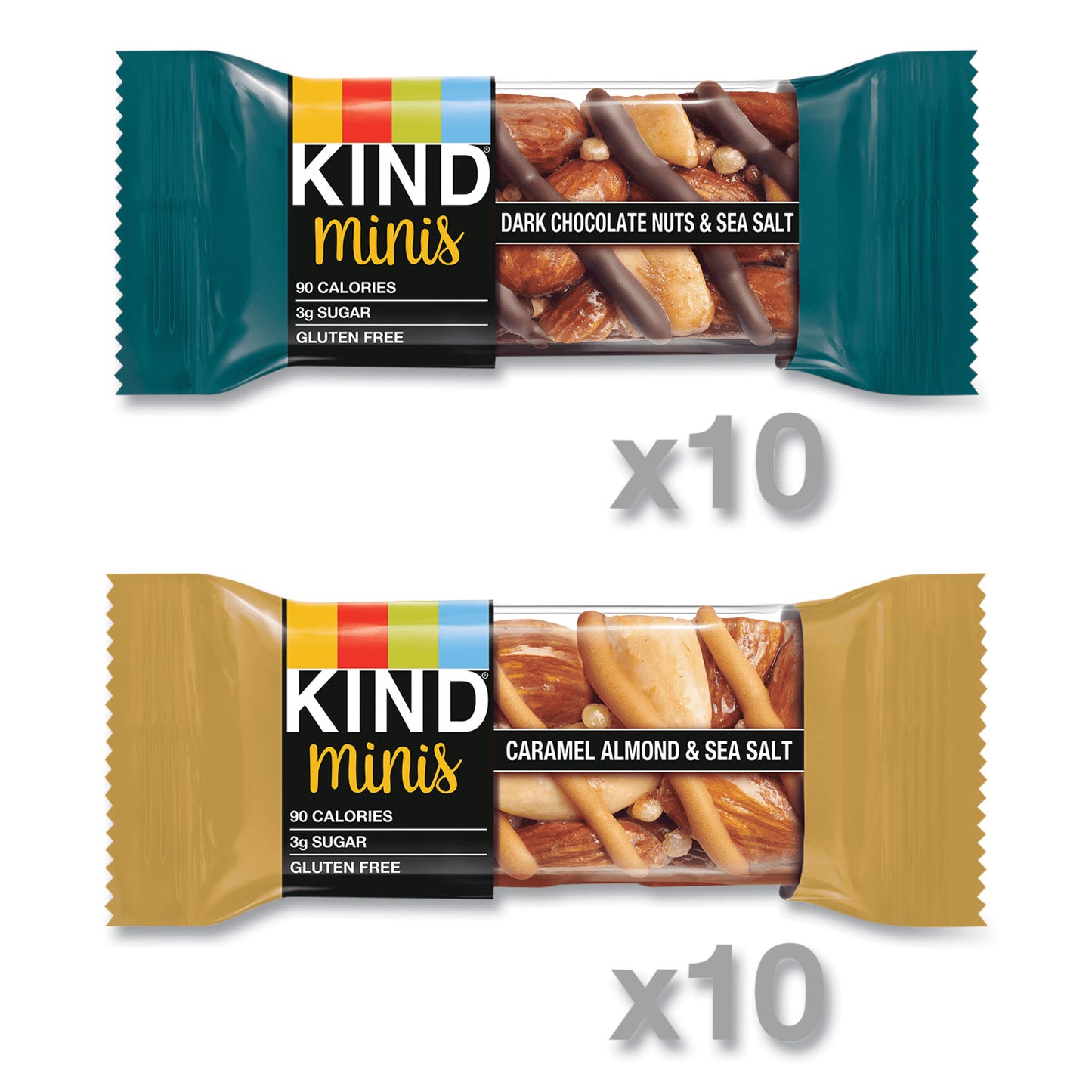 KIND Minis, Dark Chocolate Nuts and Sea Salt/Caramel Almond and Sea Salt, 0.7 oz, 20/Pack (27964)