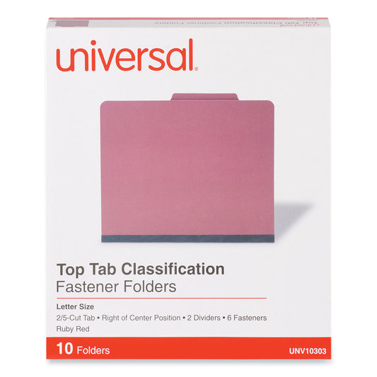 Universal Bright Colored Pressboard Classification Folders, 2" Expansion, 2 Dividers, 6 Fasteners, Letter Size, Ruby Red, 10/Box (10303)