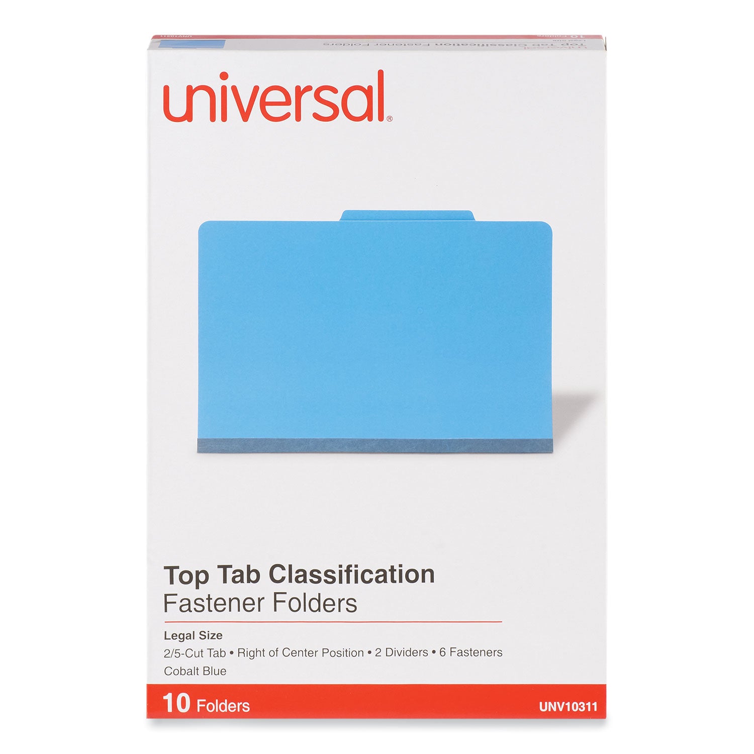 Universal Bright Colored Pressboard Classification Folders, 2" Expansion, 2 Dividers, 6 Fasteners, Legal Size, Cobalt Blue, 10/Box (10311)