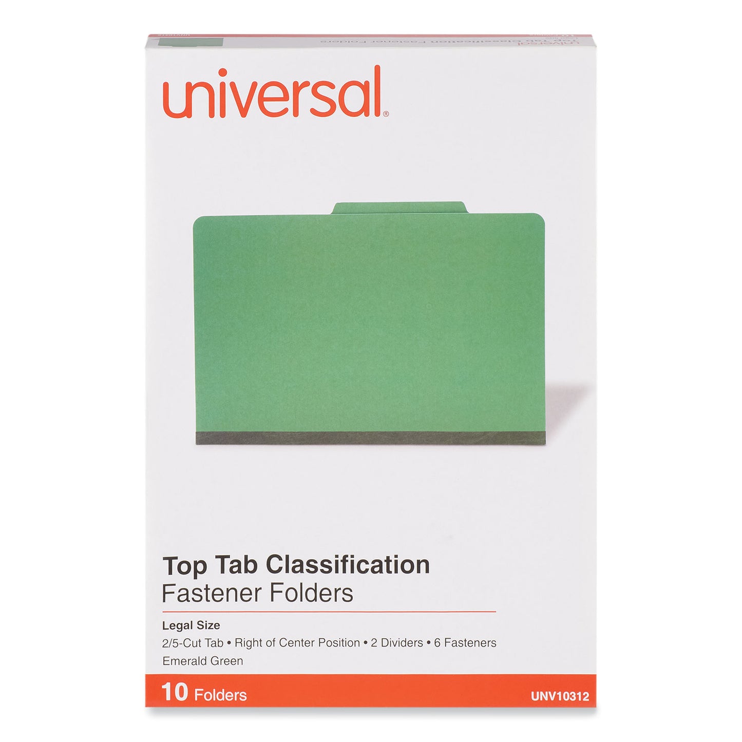 Universal Bright Colored Pressboard Classification Folders, 2" Expansion, 2 Dividers, 6 Fasteners, Legal Size, Emerald Green, 10/Box (10312)