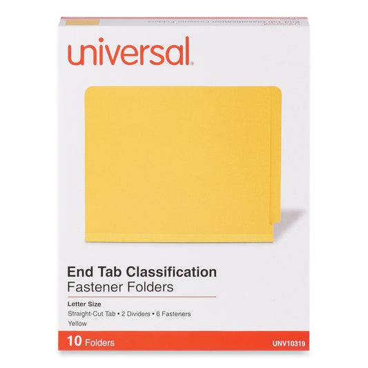 Universal Deluxe Six-Section Pressboard End Tab Classification Folders, 2 Dividers, 6 Fasteners, Letter Size, Yellow, 10/Box (10319)