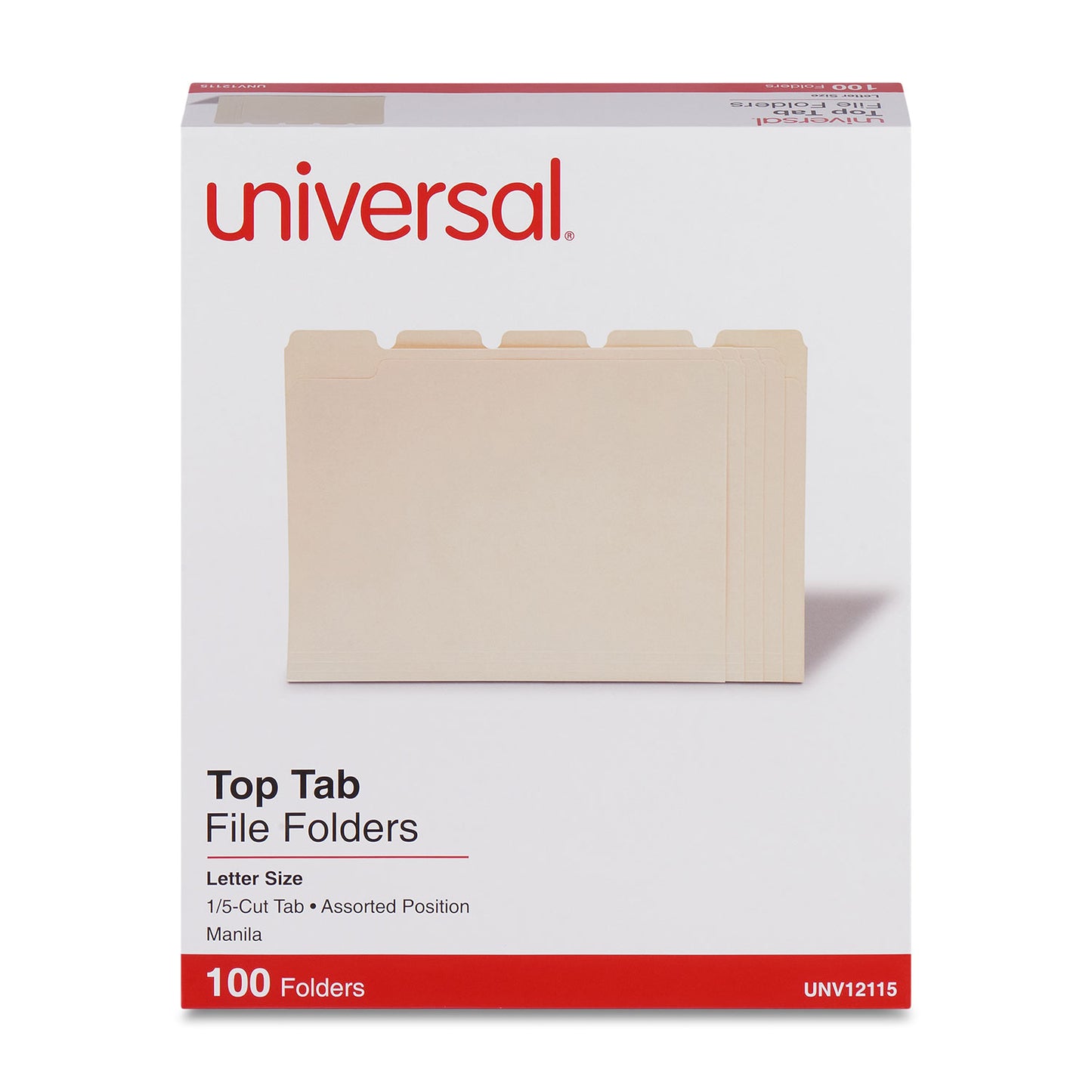 Universal Top Tab File Folders, 1/5-Cut Tabs: Assorted, Letter Size, 0.75" Expansion, Manila, 100/Box (12115)