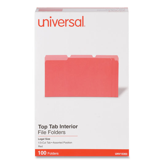 Universal Interior File Folders, 1/3-Cut Tabs: Assorted, Legal Size, 11-pt Stock, Red, 100/Box (15303)