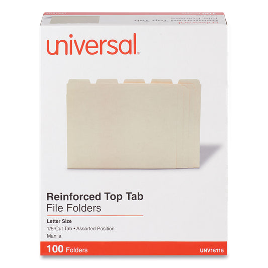 Universal Double-Ply Top Tab Manila File Folders, 1/5-Cut Tabs: Assorted, Letter Size, 0.75" Expansion, Manila, 100/Box (16115)