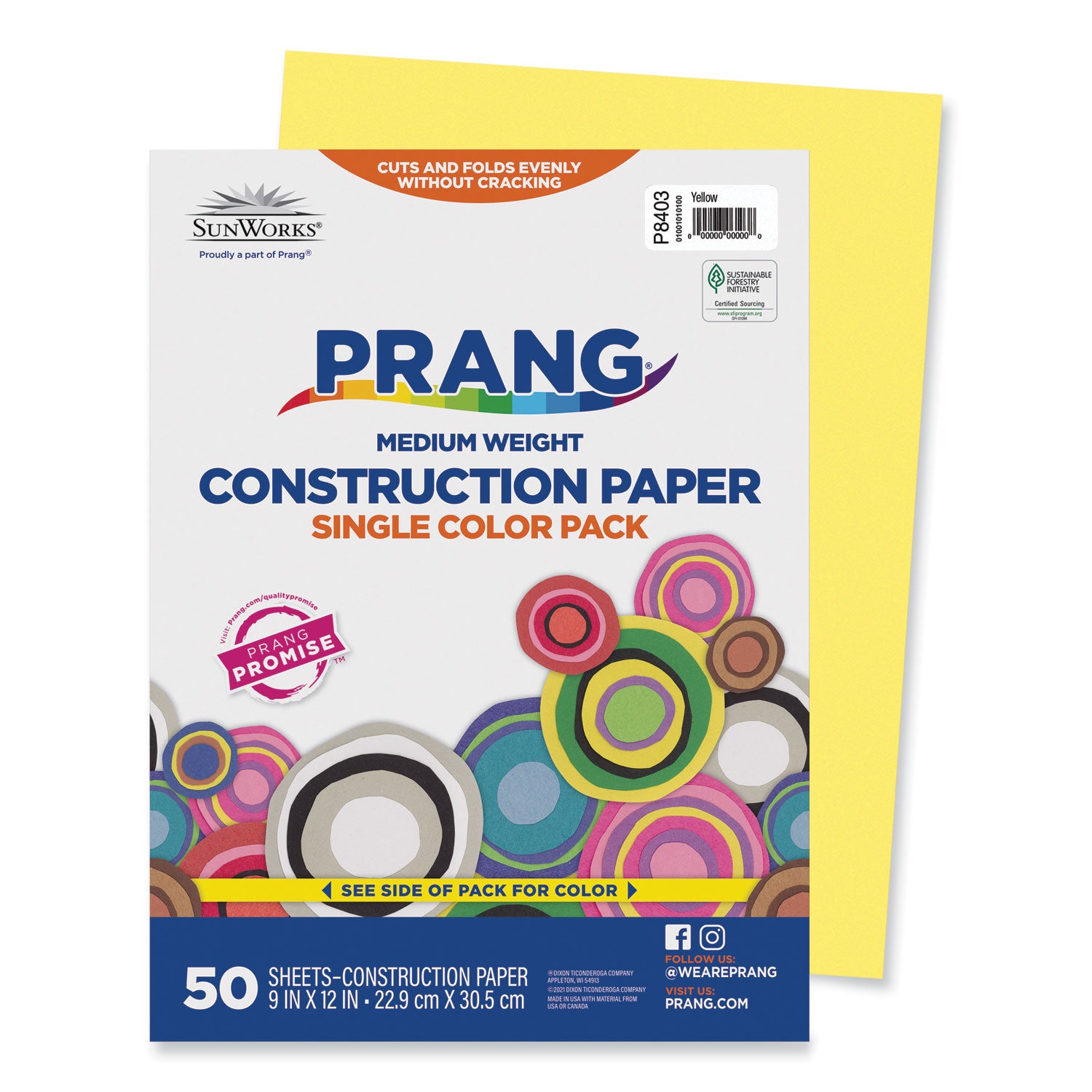 Prang SunWorks Construction Paper, 50 lb Text Weight, 9 x 12, Yellow, 50/Pack (8403)