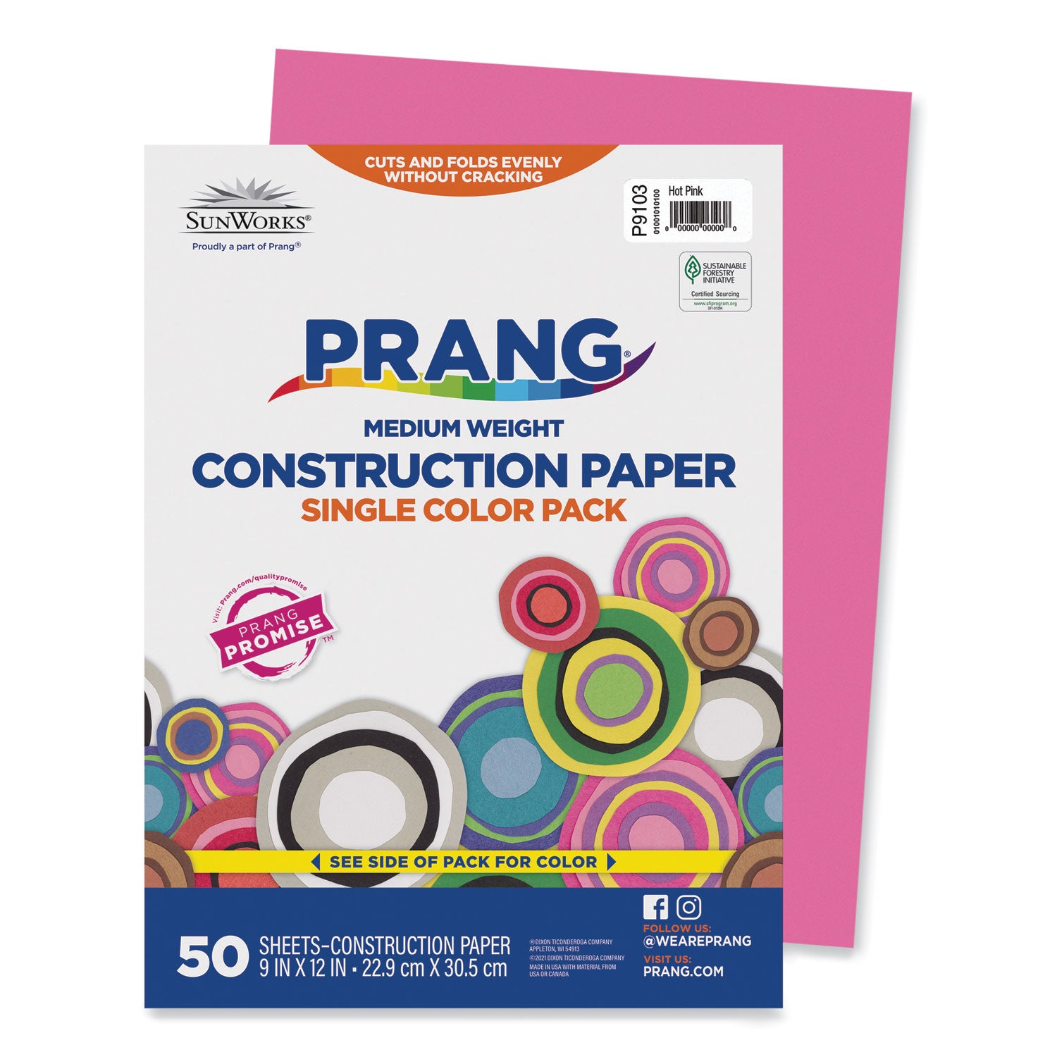 Prang SunWorks Construction Paper, 50 lb Text Weight, 9 x 12, Hot Pink, 50/Pack (9103)