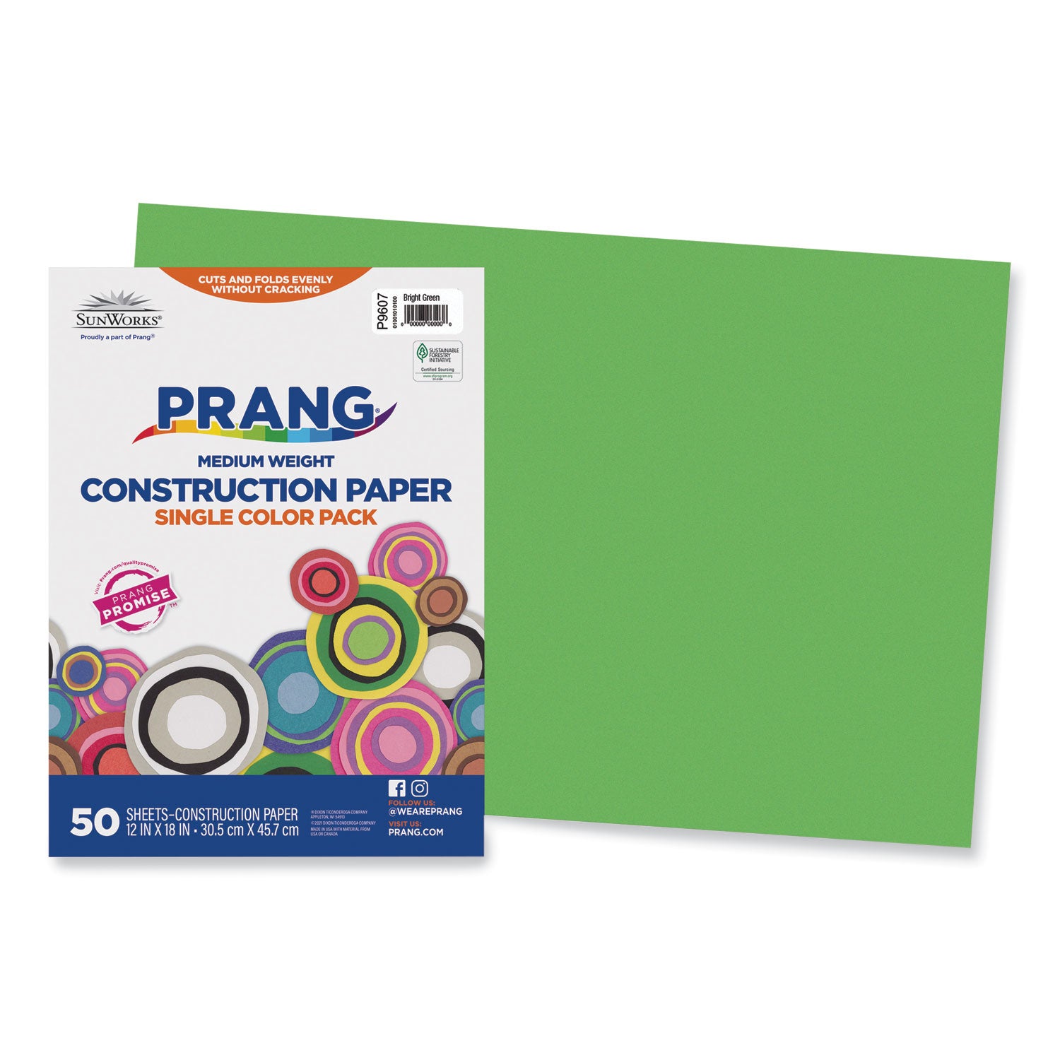 Prang SunWorks Construction Paper, 50 lb Text Weight, 12 x 18, Bright Green, 50/Pack (9607)