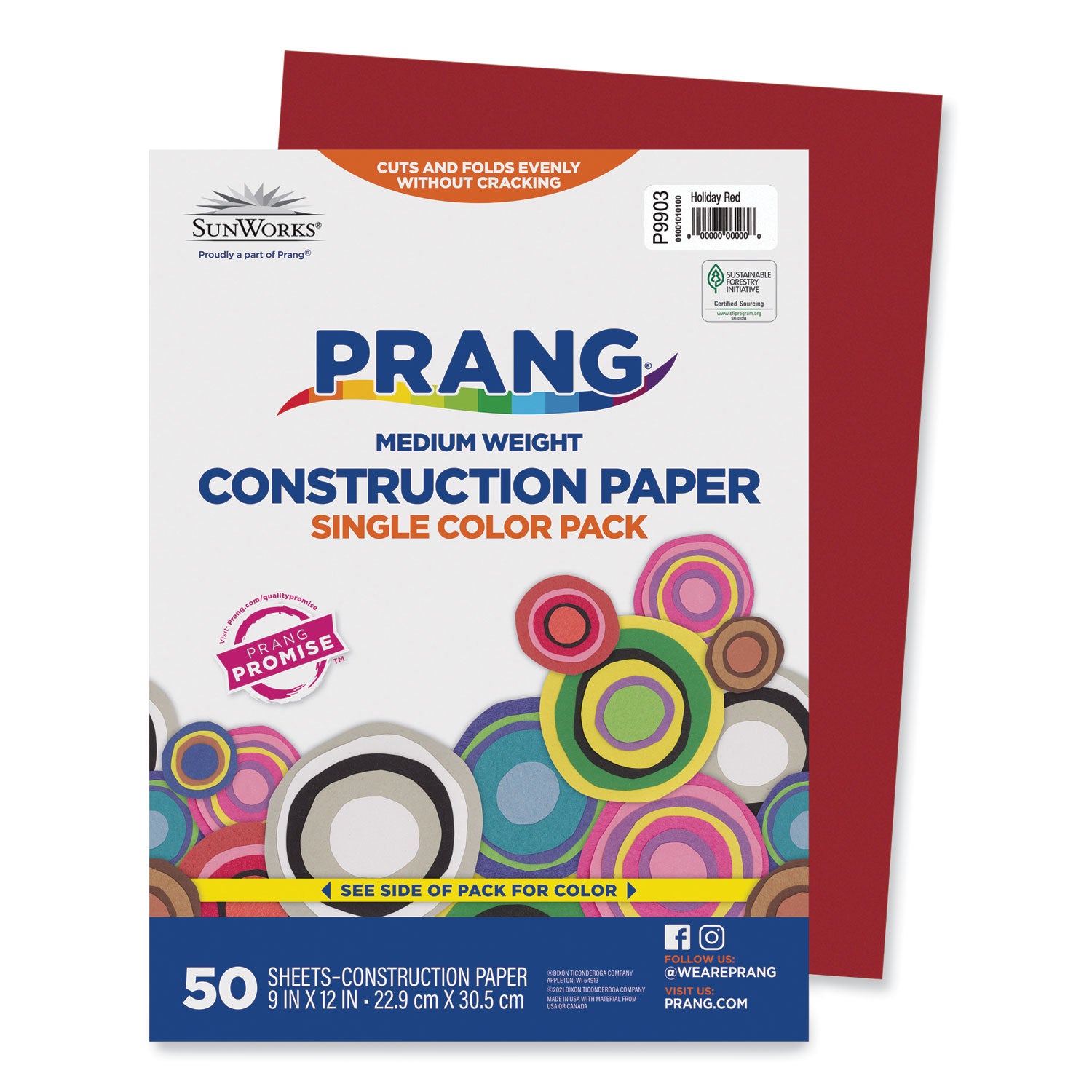 Prang SunWorks Construction Paper, 50 lb Text Weight, 9 x 12, Holiday Red, 50/Pack (9903)