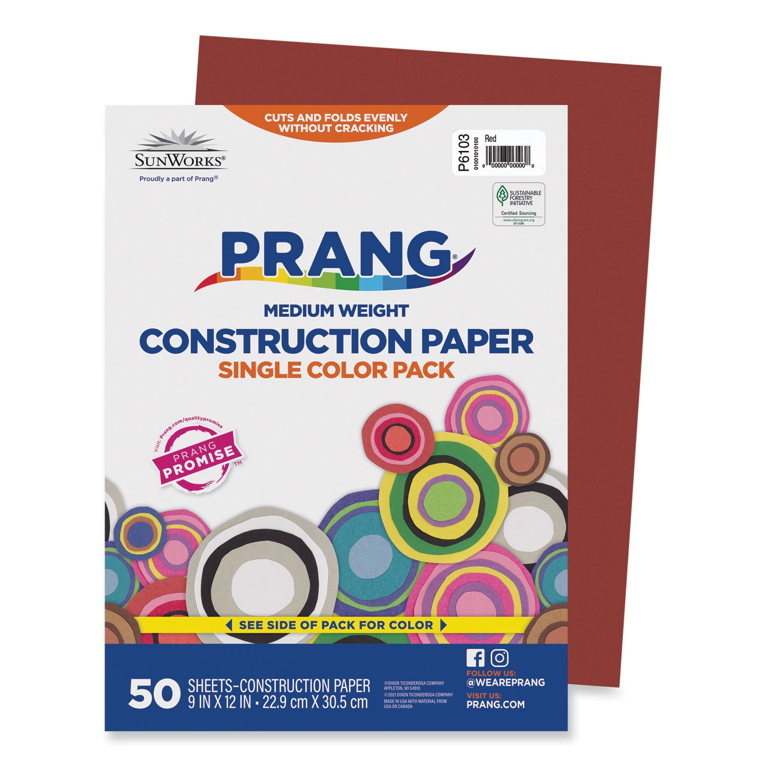 Prang SunWorks Construction Paper, 50 lb Text Weight, 9 x 12, Red, 50/Pack (6103)