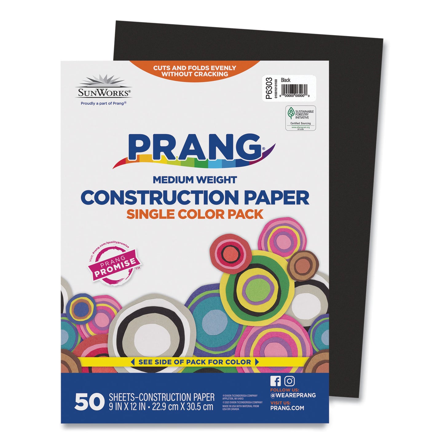 Prang SunWorks Construction Paper, 50 lb Text Weight, 9 x 12, Black, 50/Pack (6303)