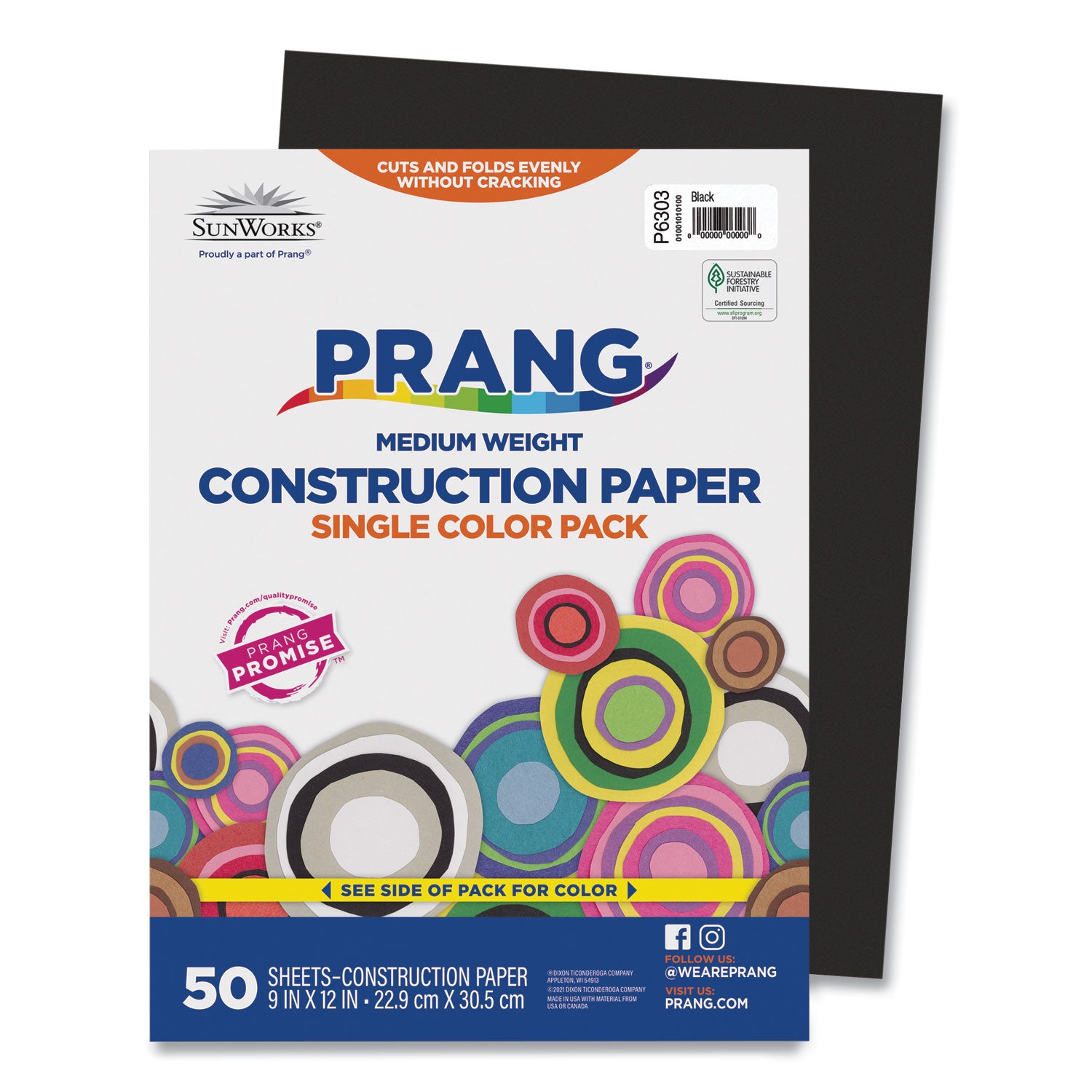 Prang SunWorks Construction Paper, 50 lb Text Weight, 9 x 12, Black, 50/Pack (6303)