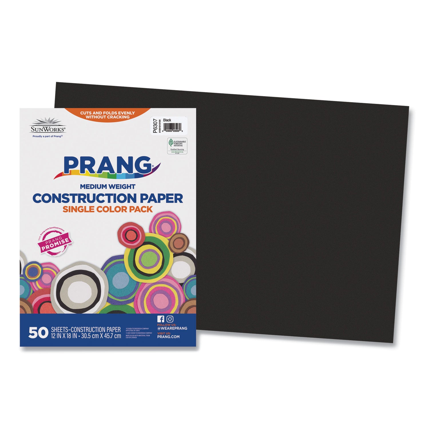 Prang SunWorks Construction Paper, 50 lb Text Weight, 12 x 18, Black, 50/Pack (6307)