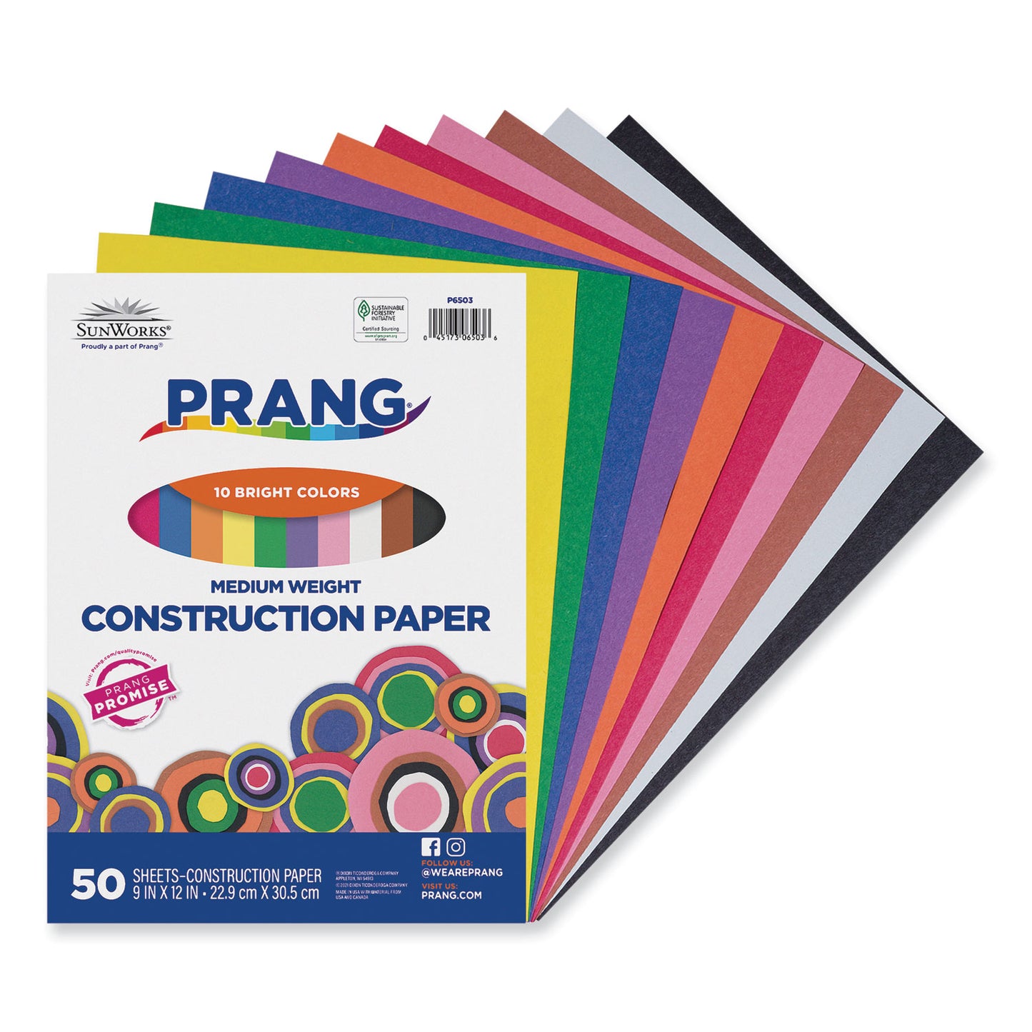 Prang SunWorks Construction Paper, 50 lb Text Weight, 9 x 12, Assorted, 50/Pack (6503)