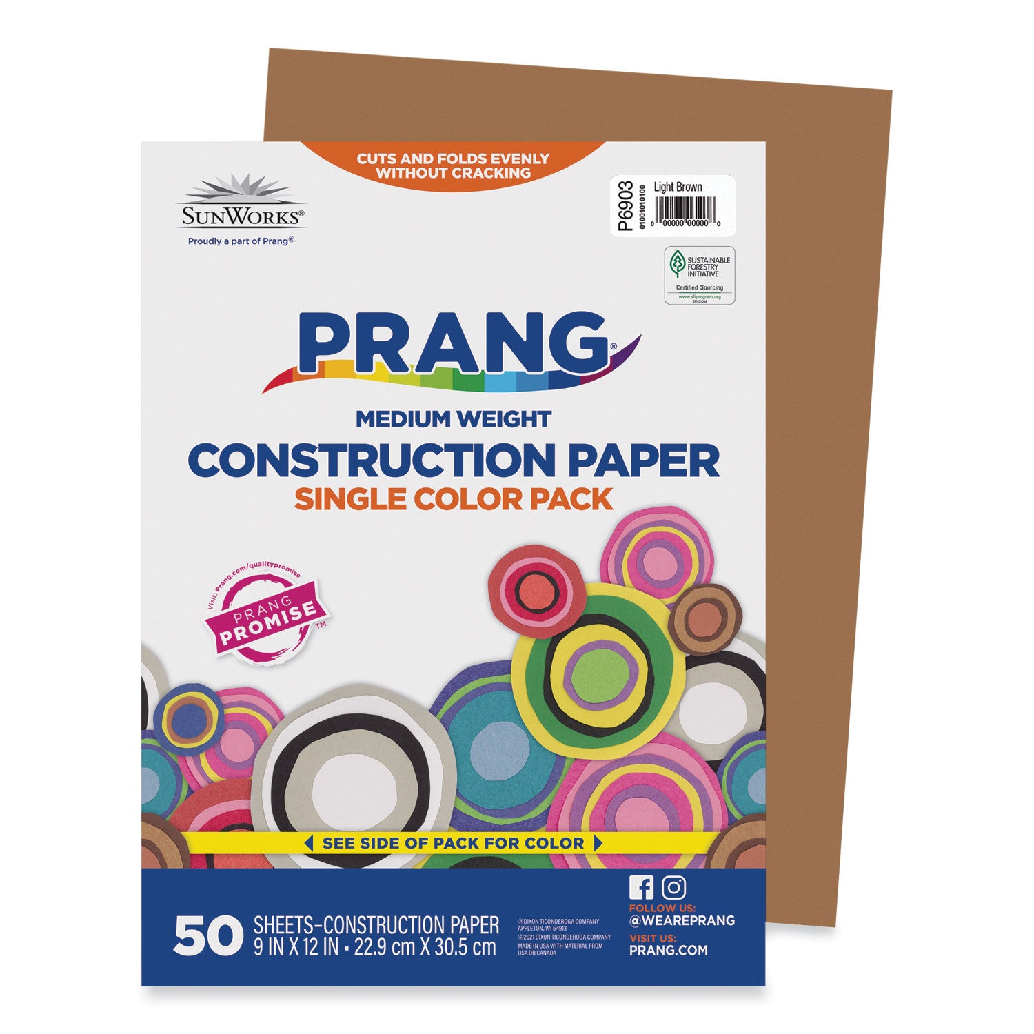 Prang SunWorks Construction Paper, 50 lb Text Weight, 9 x 12, Light Brown, 50/Pack (6903)