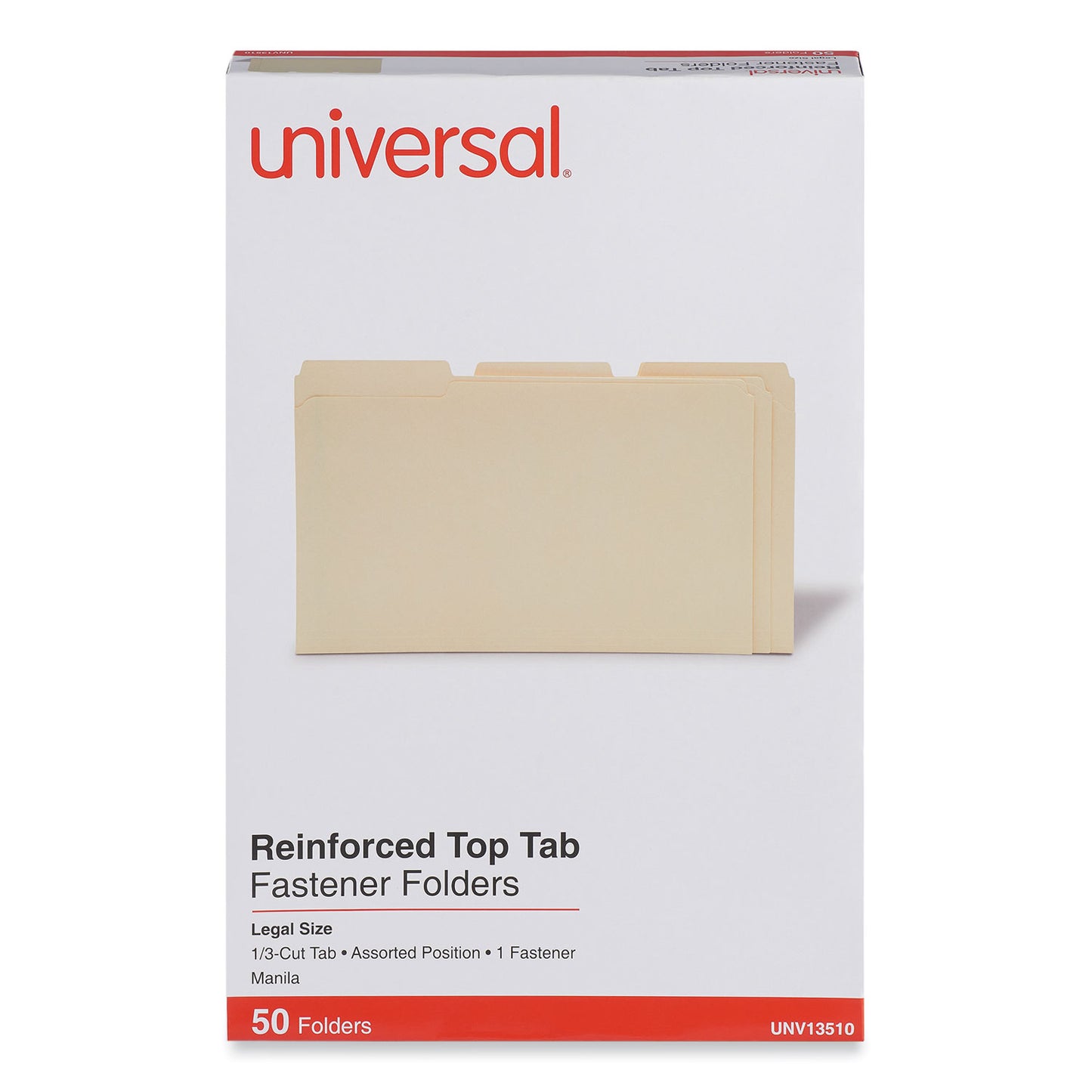 Universal Reinforced Top Tab Fastener Folders, 0.75" Expansion, 1 Fastener, Legal Size, Manila Exterior, 50/Box (13510)