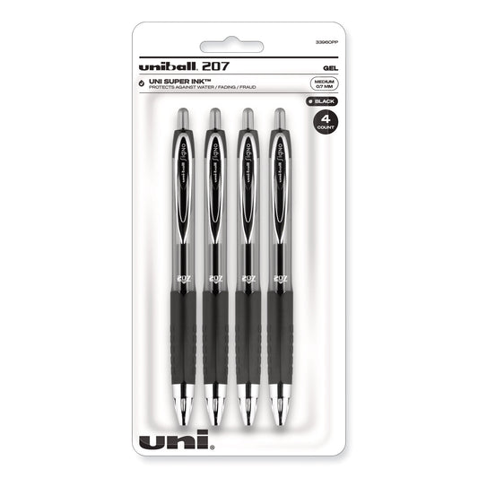 uni-ball Signo 207 Gel Pen, Retractable, Medium 0.7 mm, Black Ink, Smoke/Black Barrel, 4/Pack (33960PP)