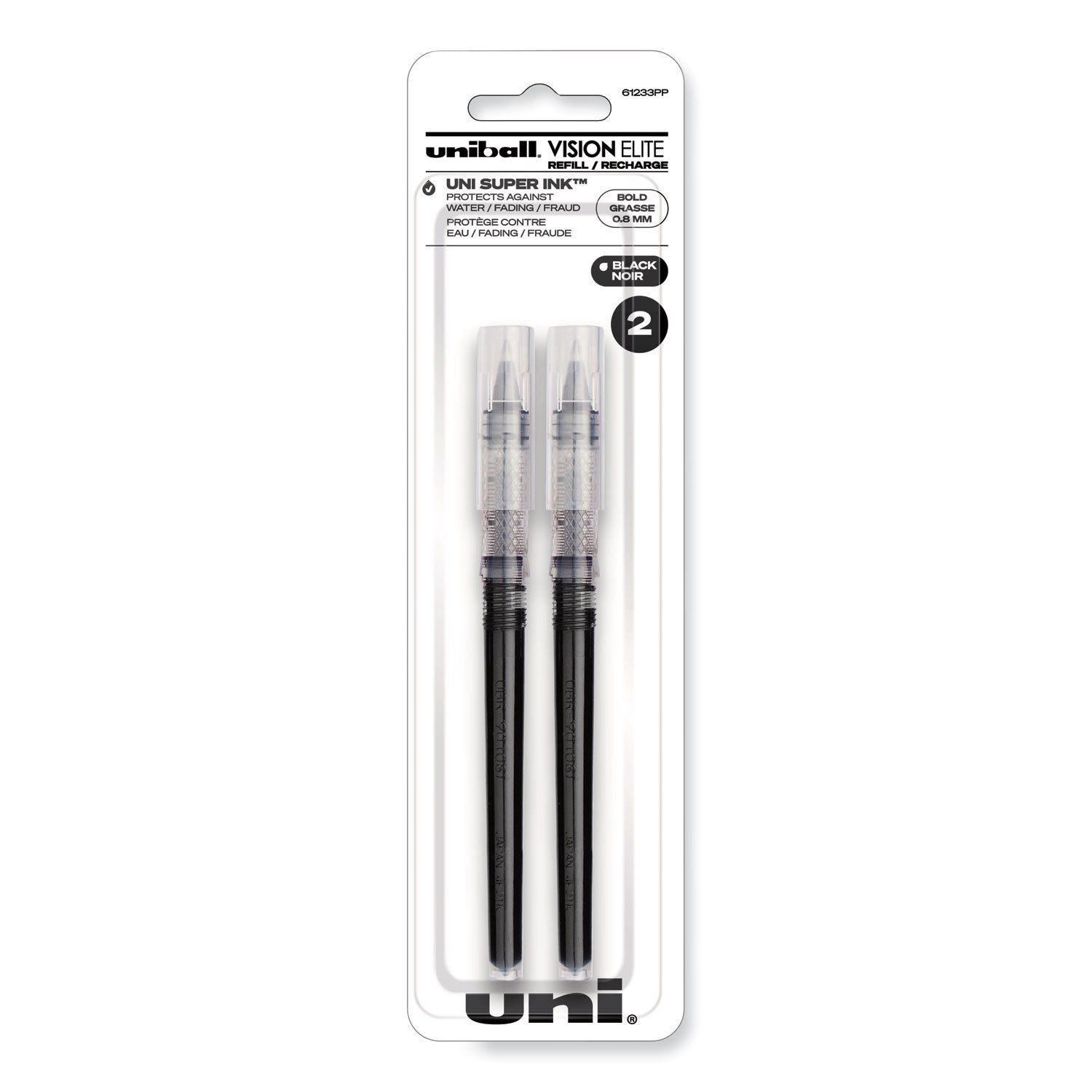 uni-ball Refill for Vision Elite Roller Ball Pens, Bold Conical Tip, Black Ink, 2/Pack (61233PP)