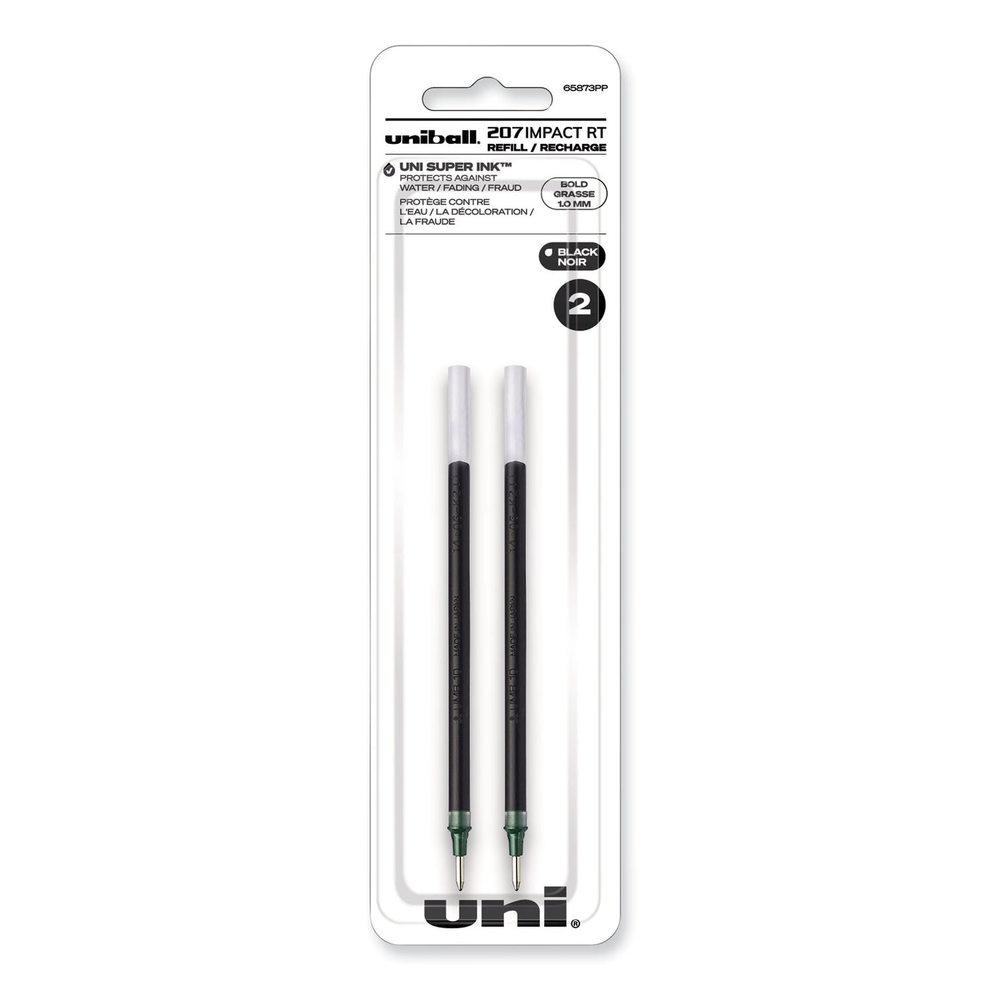 uni-ball 207 Impact RT Gel Retractable Pen Refills, Bold 1 mm Conical Tip, Black Ink, 2/Pack (65873PP)