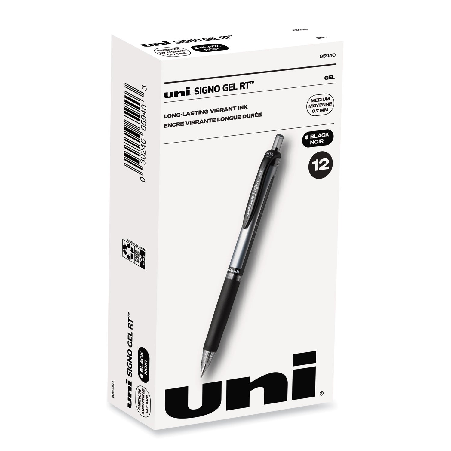 uni-ball Signo Gel Pen, Retractable, Medium 0.7 mm, Black Ink, Silver/Black Barrel, Dozen (65940)