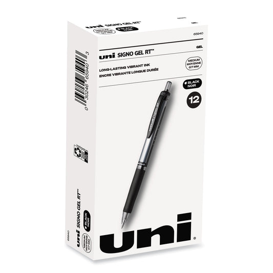 uni-ball Signo Gel Pen, Retractable, Medium 0.7 mm, Black Ink, Silver/Black Barrel, Dozen (65940)