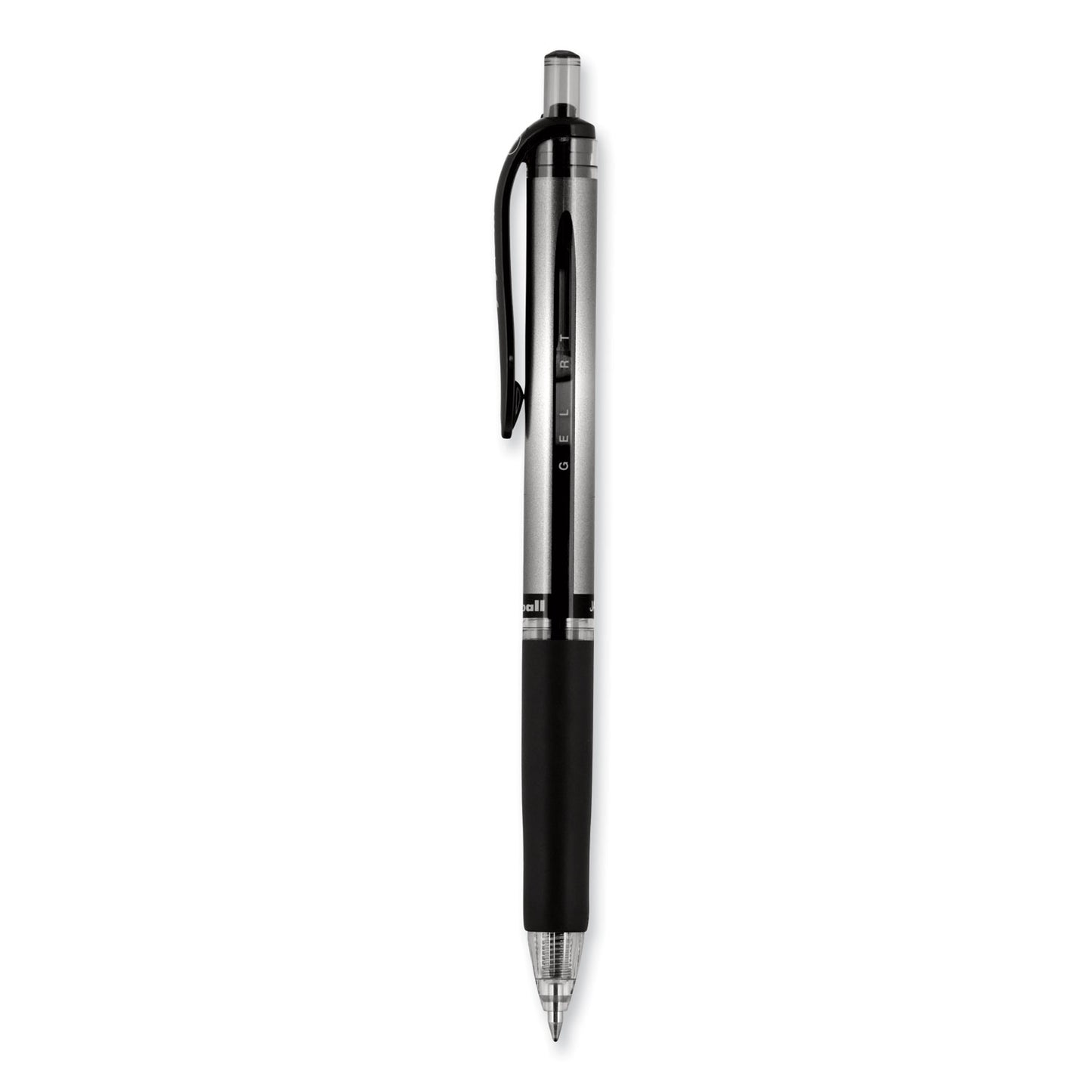 uni-ball Signo Gel Pen, Retractable, Medium 0.7 mm, Black Ink, Silver/Black Barrel, Dozen (65940)