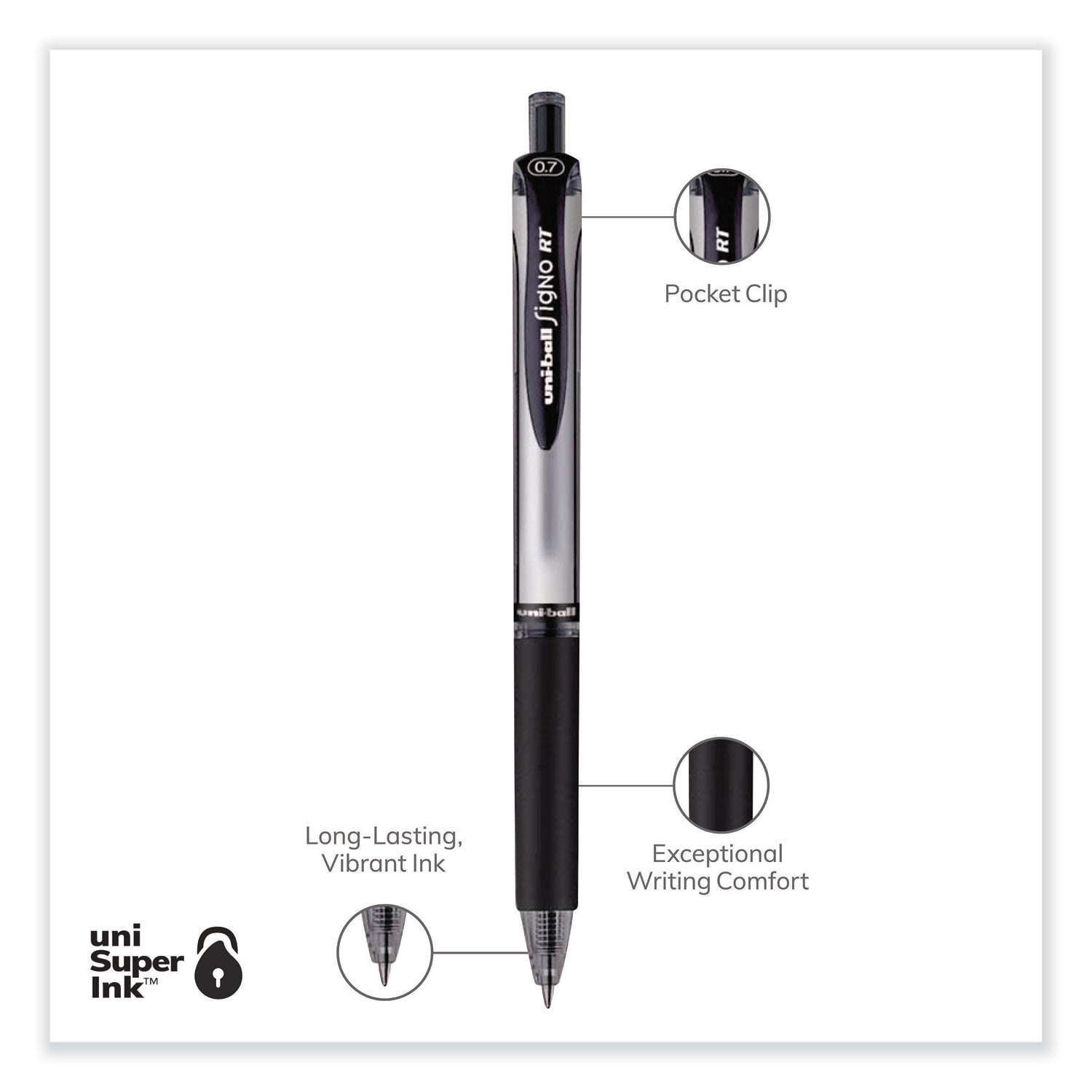 uni-ball Signo Gel Pen, Retractable, Medium 0.7 mm, Black Ink, Silver/Black Barrel, Dozen (65940)