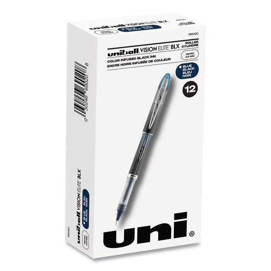 uni-ball VISION ELITE BLX Series Hybrid Gel Pen, Stick, Extra-Fine 0.5 mm, Blue-Infused Black Ink, Gray/Blue/Clear Barrel (69020)