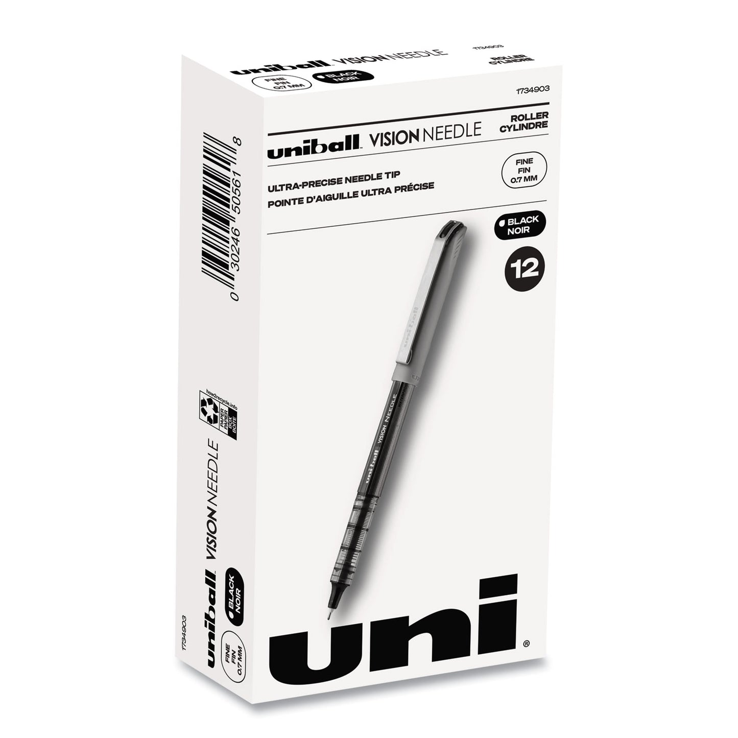 uni-ball VISION Needle Roller Ball Pen, Stick, Fine 0.7 mm, Black Ink, Gray/Clear/Black Barrel, Dozen (1734903)