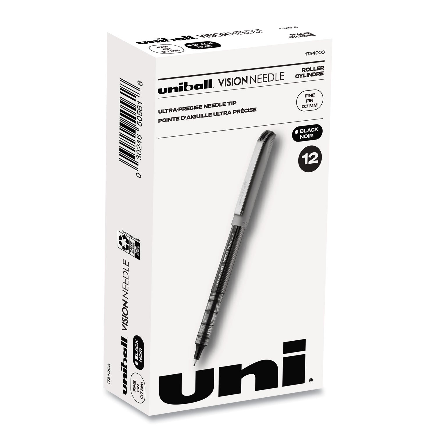 uni-ball VISION Needle Roller Ball Pen, Stick, Fine 0.7 mm, Black Ink, Gray/Clear/Black Barrel, Dozen (1734903)