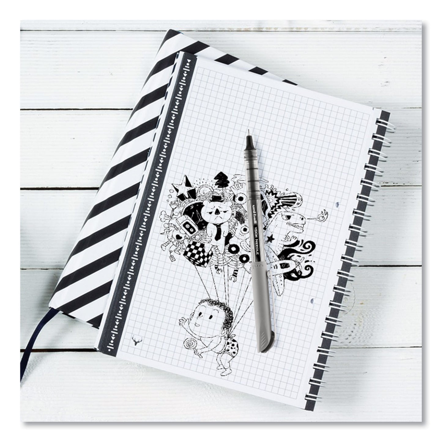 uni-ball VISION Needle Roller Ball Pen, Stick, Fine 0.7 mm, Black Ink, Gray/Clear/Black Barrel, Dozen (1734903)