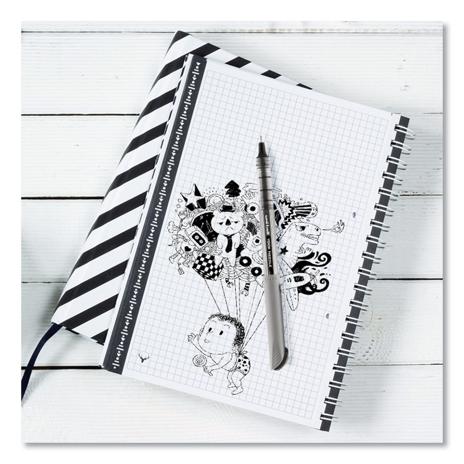 uni-ball VISION Needle Roller Ball Pen, Stick, Fine 0.7 mm, Black Ink, Gray/Clear/Black Barrel, Dozen (1734903)