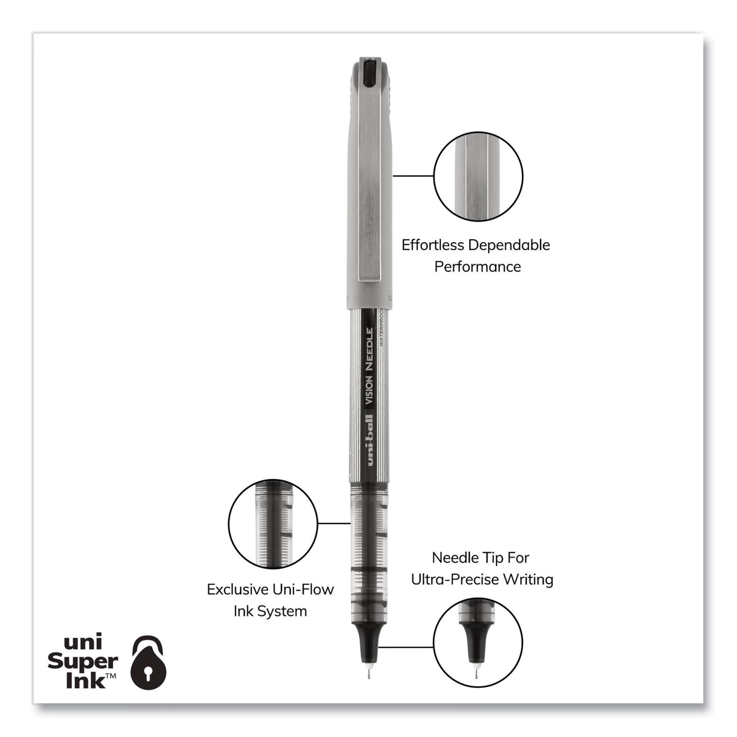 uni-ball VISION Needle Roller Ball Pen, Stick, Fine 0.7 mm, Black Ink, Gray/Clear/Black Barrel, Dozen (1734903)