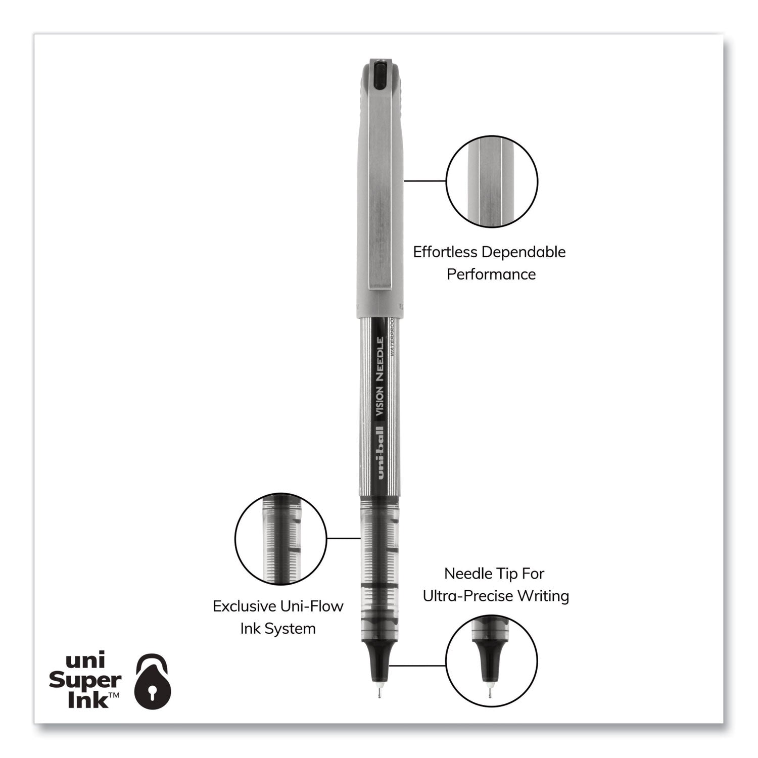 uni-ball VISION Needle Roller Ball Pen, Stick, Fine 0.7 mm, Black Ink, Gray/Clear/Black Barrel, Dozen (1734903)