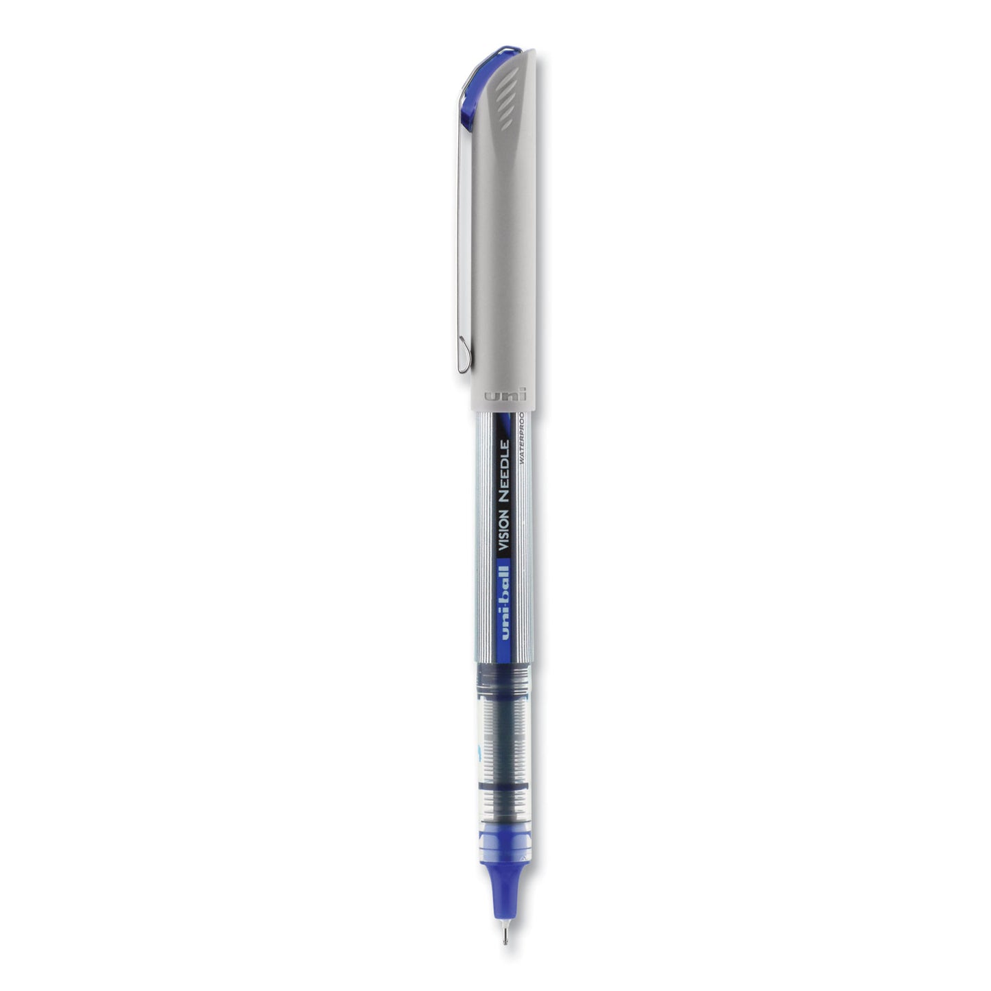 uni-ball VISION Needle Roller Ball Pen, Stick, Fine 0.7 mm, Blue Ink, Gray/Clear/Blue Barrel, Dozen (1734904)