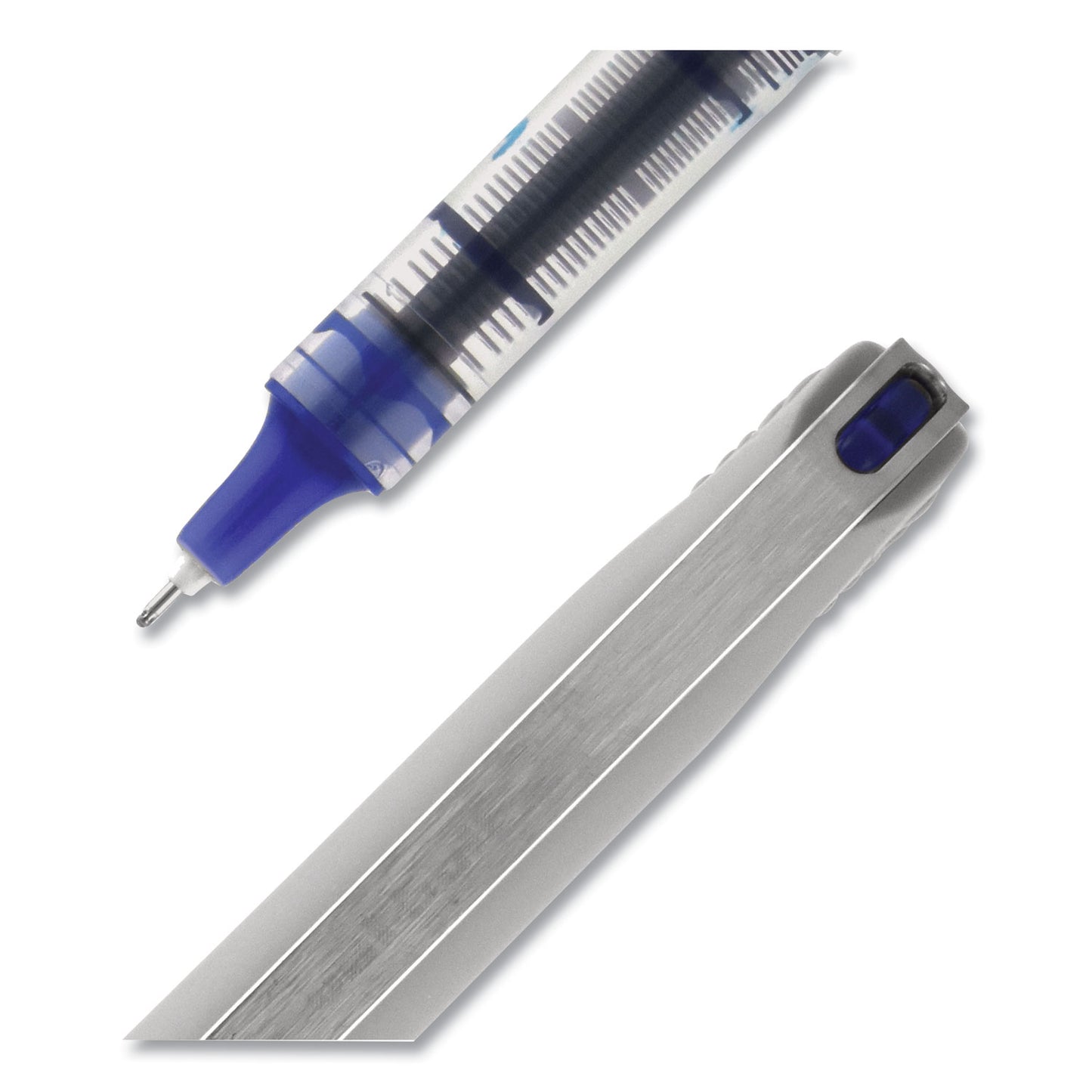 uni-ball VISION Needle Roller Ball Pen, Stick, Fine 0.7 mm, Blue Ink, Gray/Clear/Blue Barrel, Dozen (1734904)
