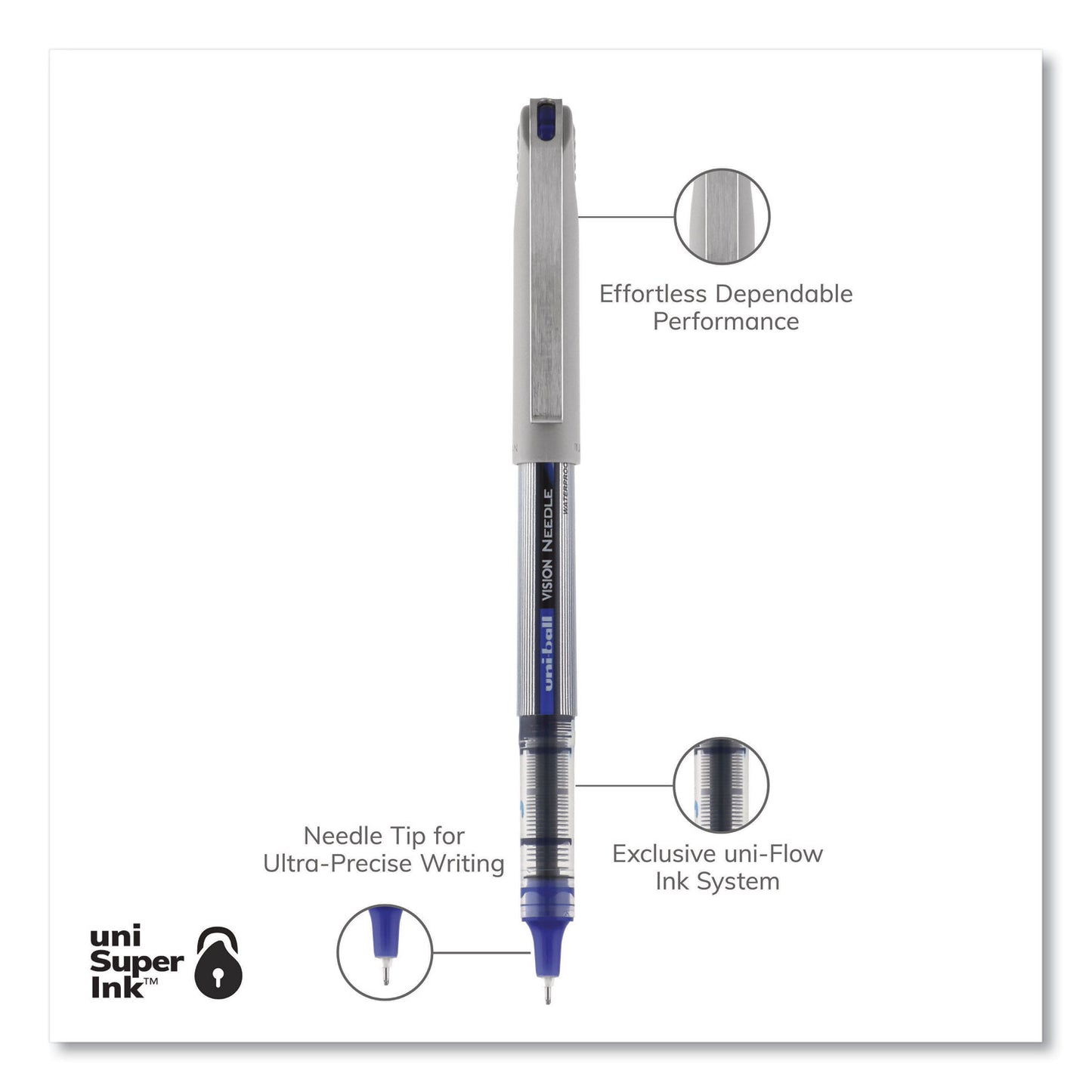 uni-ball VISION Needle Roller Ball Pen, Stick, Fine 0.7 mm, Blue Ink, Gray/Clear/Blue Barrel, Dozen (1734904)