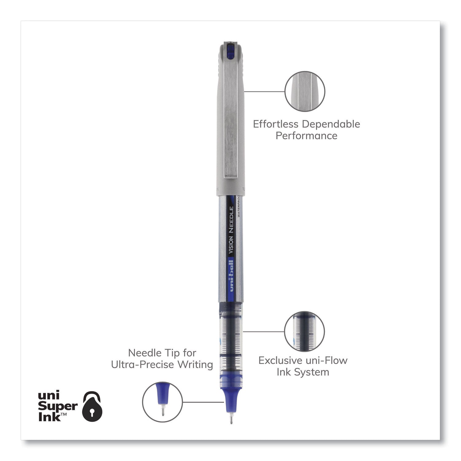 uni-ball VISION Needle Roller Ball Pen, Stick, Fine 0.7 mm, Blue Ink, Gray/Clear/Blue Barrel, Dozen (1734904)