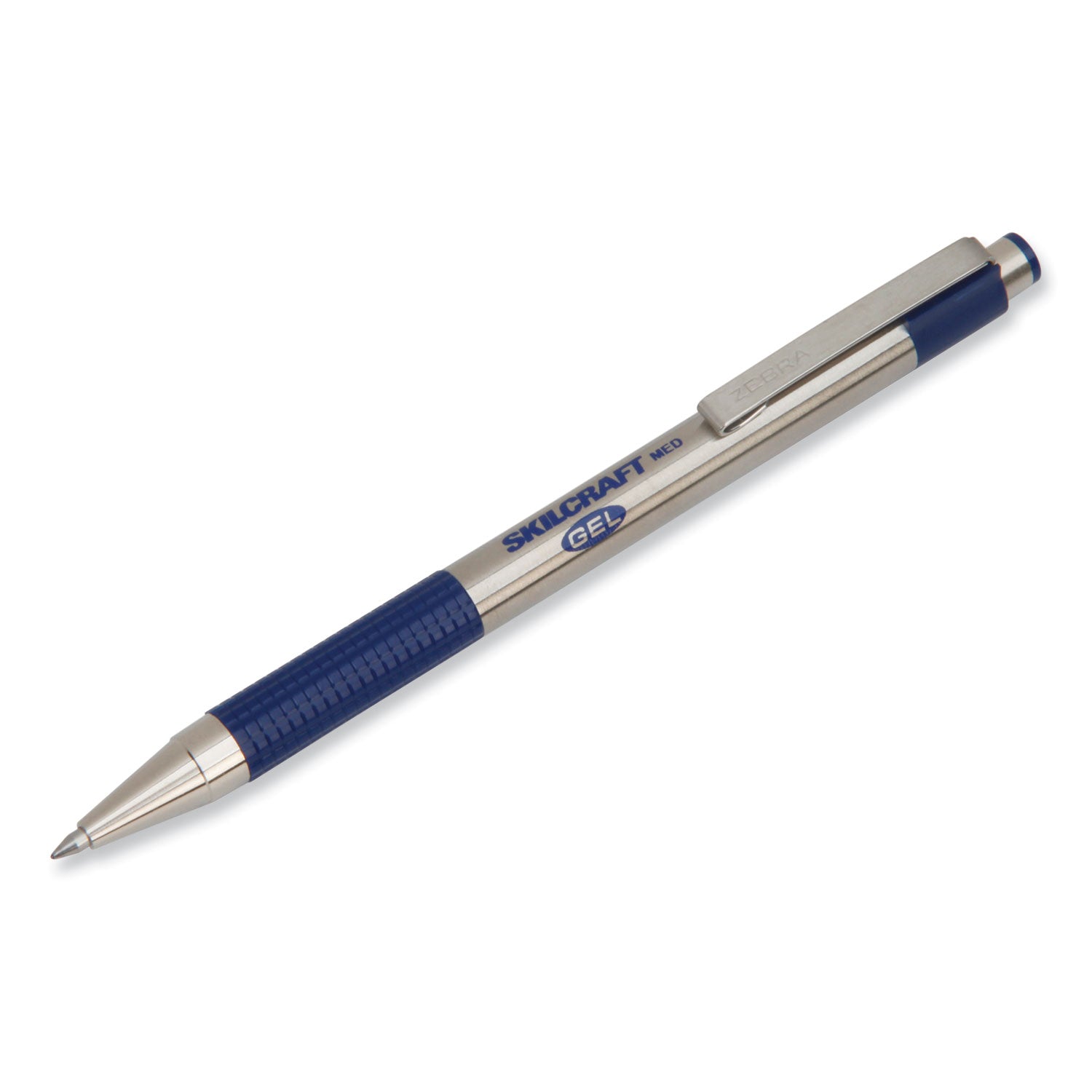 AbilityOne 7520017024609, SKILCRAFT Zebra Stainless-Steel Gel Pen, Retractable, Medium 0.7 mm, Blue Ink, Silver/Blue Barrel, 2/Pack (7027809)