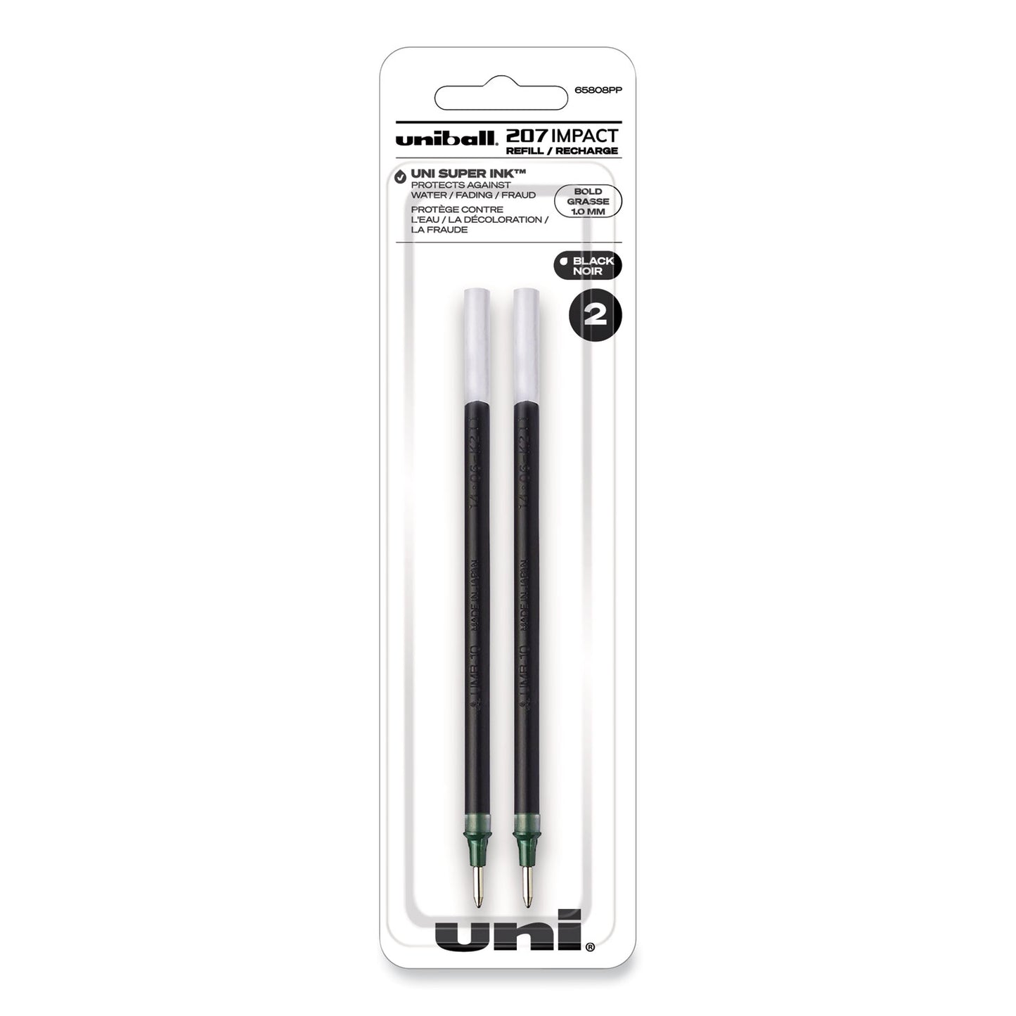 uni-ball 207 Impact Gel Stick Pen Refills, Bold 1 mm Conical Tip, Black Ink, 2/Pack (65808)