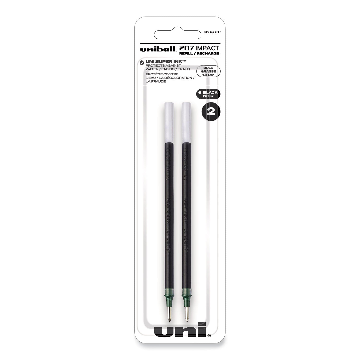 uni-ball 207 Impact Gel Stick Pen Refills, Bold 1 mm Conical Tip, Black Ink, 2/Pack (65808)