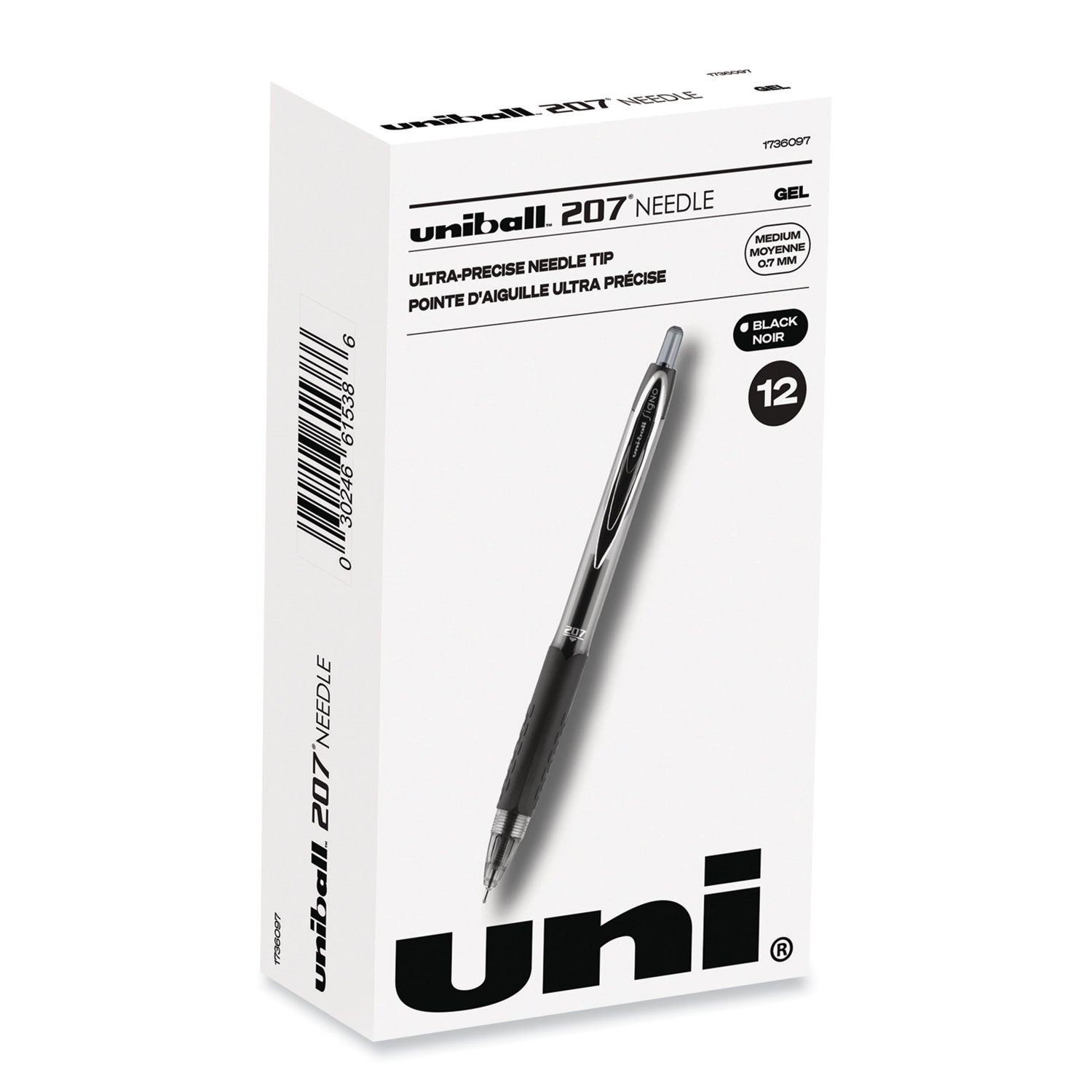 uni-ball Signo 207 Needle Point Gel Pen, Retractable, Medium 0.7 mm, Black Ink, Clear/Black Barrel, Dozen (1736097)