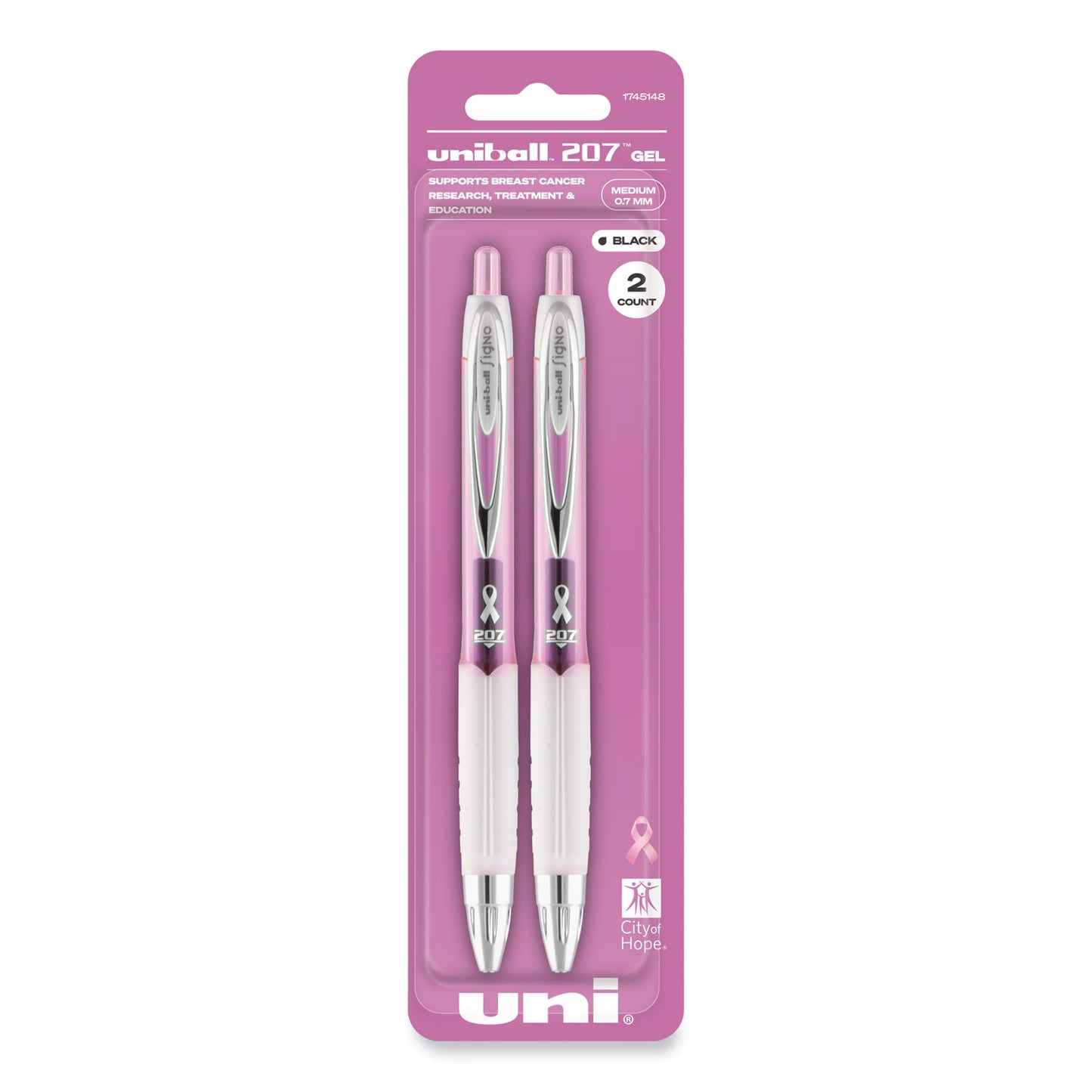 uni-ball Signo 207 Gel Pen, Retractable, Medium 0.7 mm, Black Ink, Translucent Pink/Translucent White Barrel, 2/Pack (1745148)