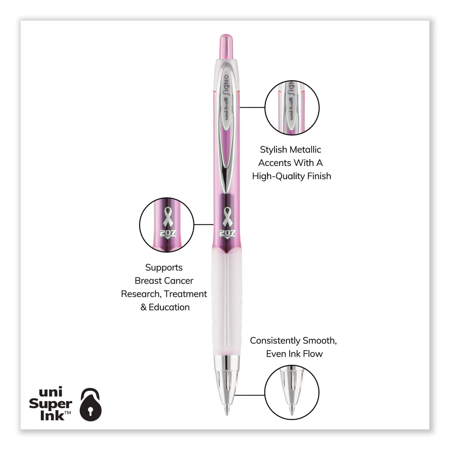 uni-ball Signo 207 Gel Pen, Retractable, Medium 0.7 mm, Black Ink, Translucent Pink/Translucent White Barrel, 2/Pack (1745148)