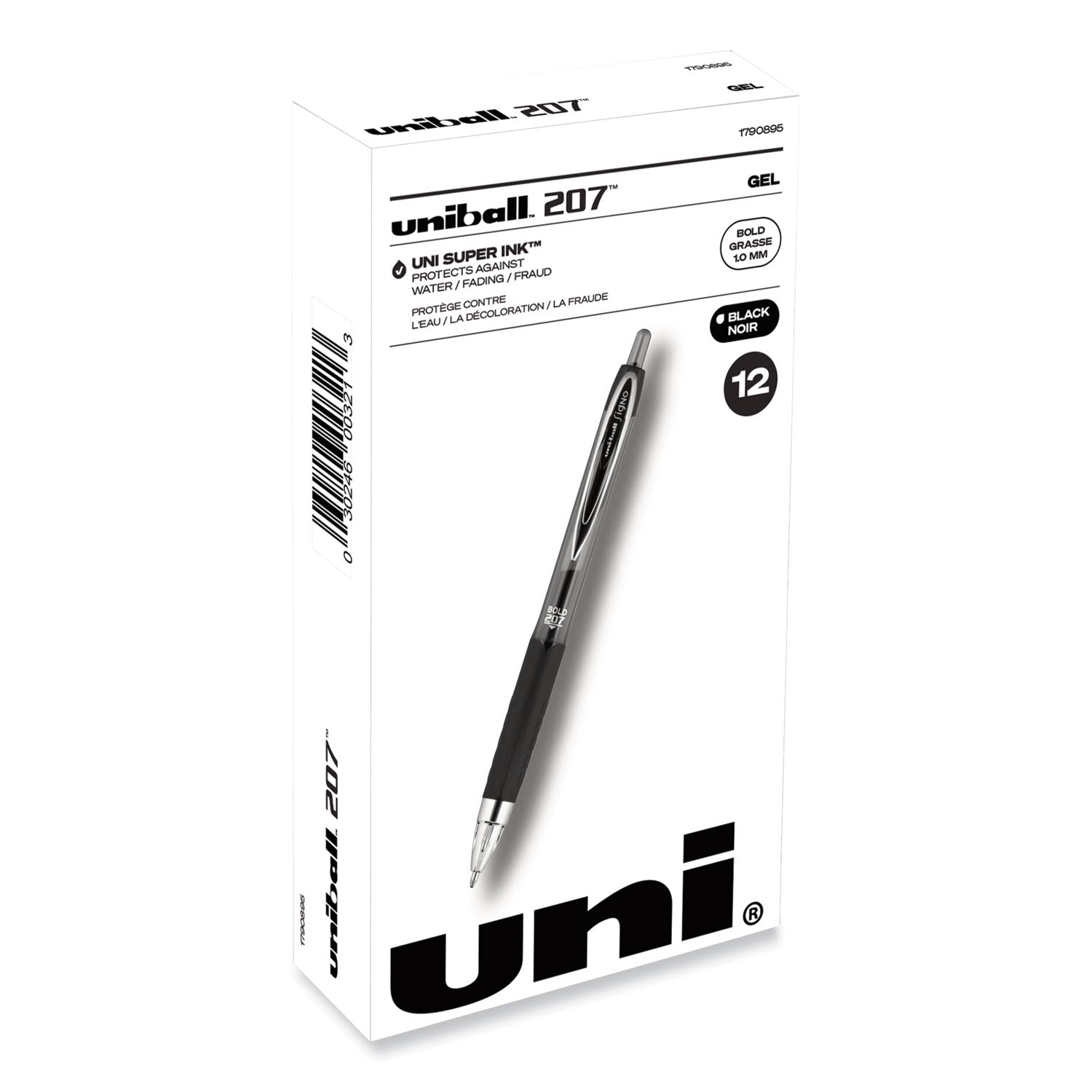 uni-ball Signo 207 Gel Pen, Retractable, Bold 1 mm, Black Ink, Smoke/Black Barrel, Dozen (1790895)