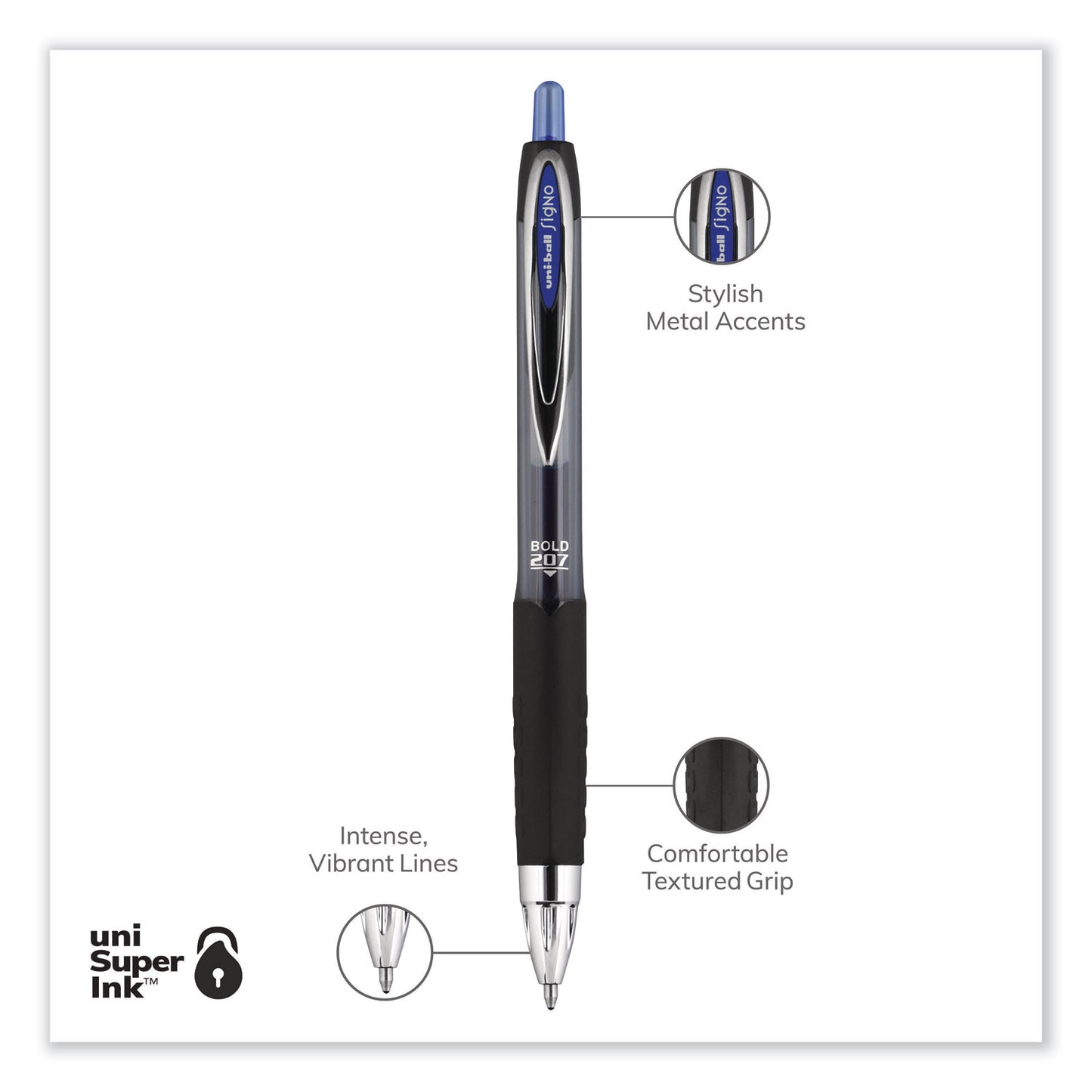 uni-ball Signo 207 Gel Pen, Retractable, Bold 1 mm, Blue Ink, Smoke/Black/Blue Barrel, Dozen (1790896)