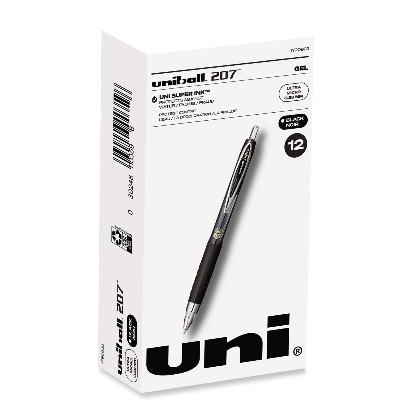 uni-ball 207 Signo Gel Ultra Micro Gel Pen, Retractable, Extra-Fine 0.38 mm, Black Ink, Clear/Black Barrel (1790922)