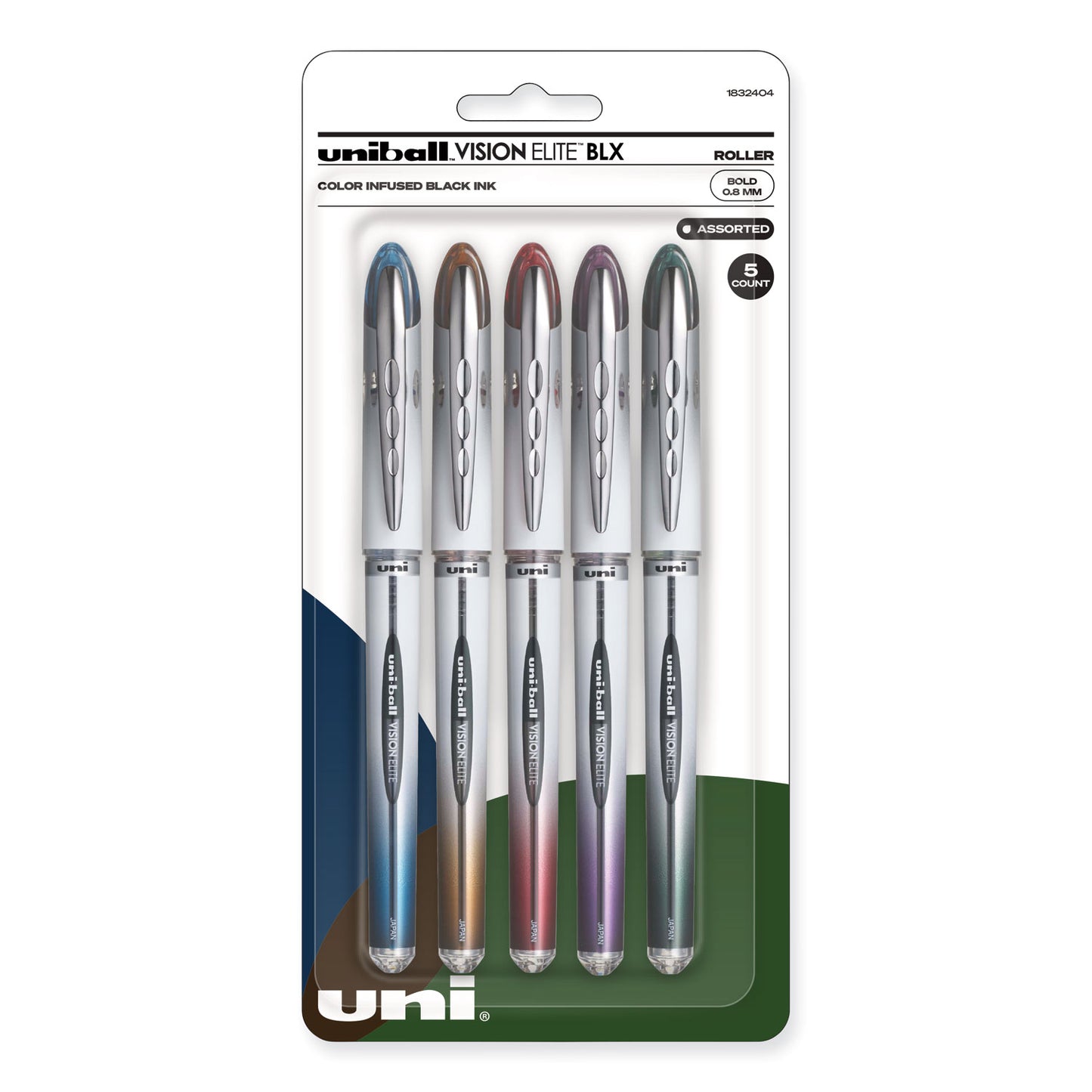 uni-ball VISION ELITE BLX Series Hybrid Gel Pen, Stick, Bold 0.8 mm, Assorted Ink and Barrel Colors, 5/Pack (1832404)