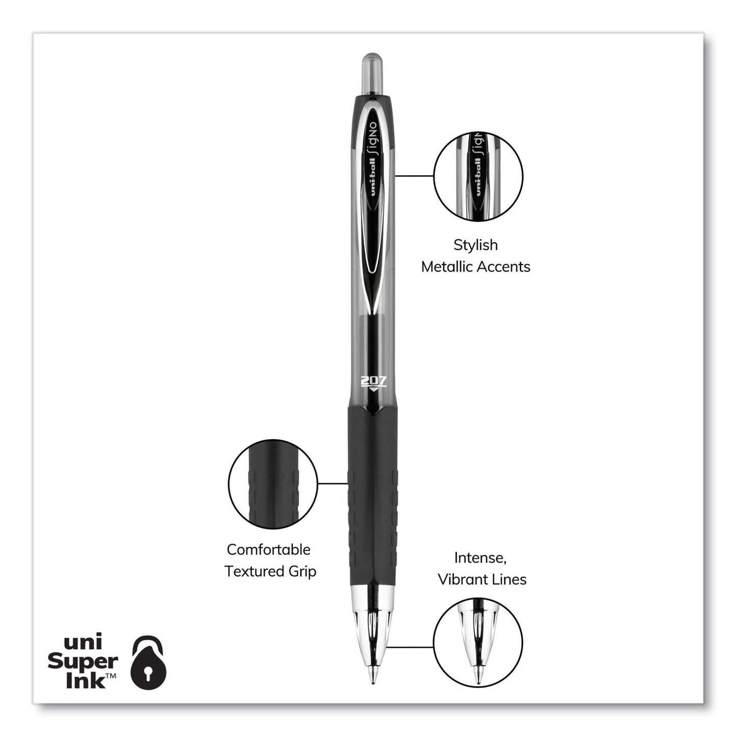 uni-ball Signo 207 Gel Pen Value Pack, Retractable, Medium 0.7 mm, Black Ink, Smoke/Black Barrel, 36/Box (1921063)