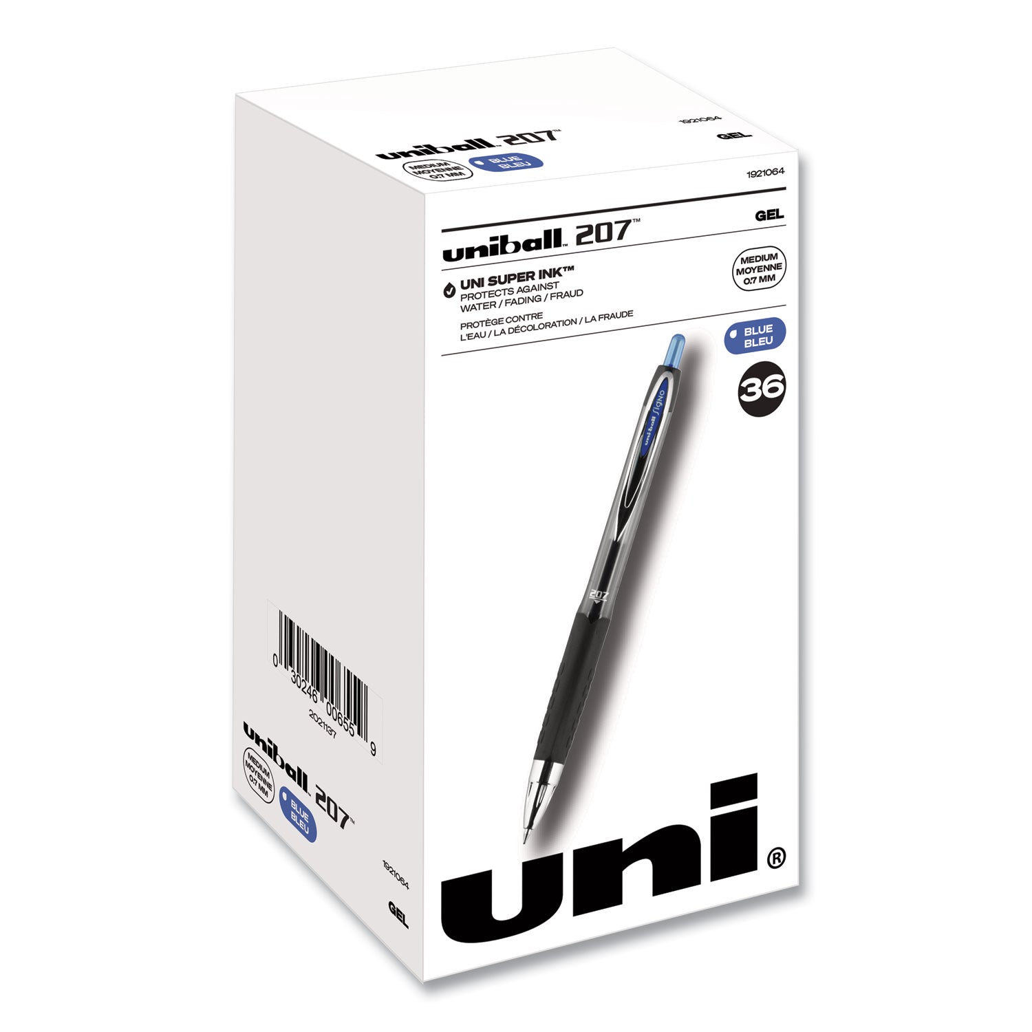 uni-ball Signo 207 Gel Pen, Retractable, Medium 0.7 mm, Blue Ink, Smoke/Black/Blue Barrel, 36/Box (1921064)